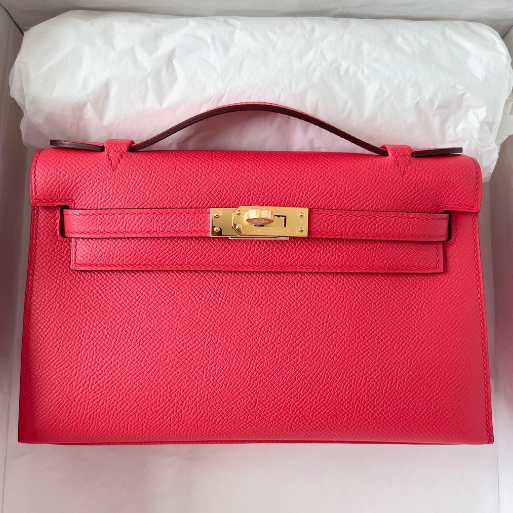 Hermes Kelly Pochette Handmade Bag In Rose Japour Epsom Calfskin