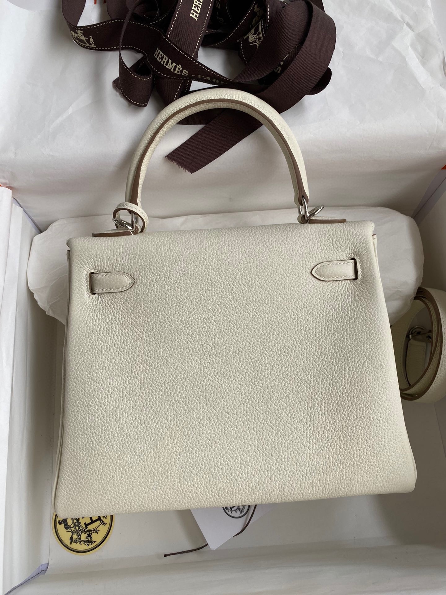 Hermes Kelly Retourne 25 Handmade Bag In Mushroom Clemence Leather