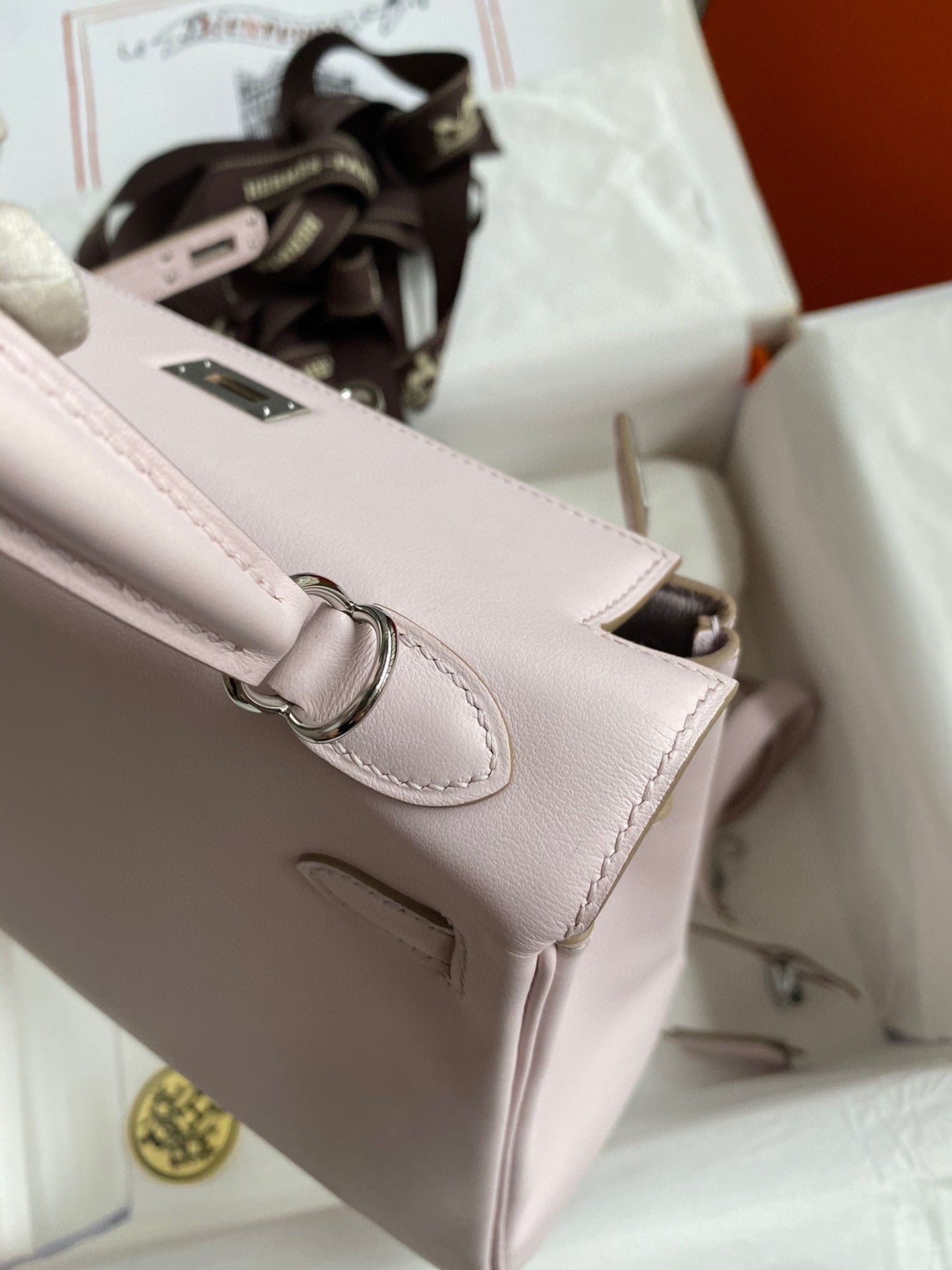 Hermes Kelly Retourne 25 Handmade Bag In Mauve Pale Swift Calfskin