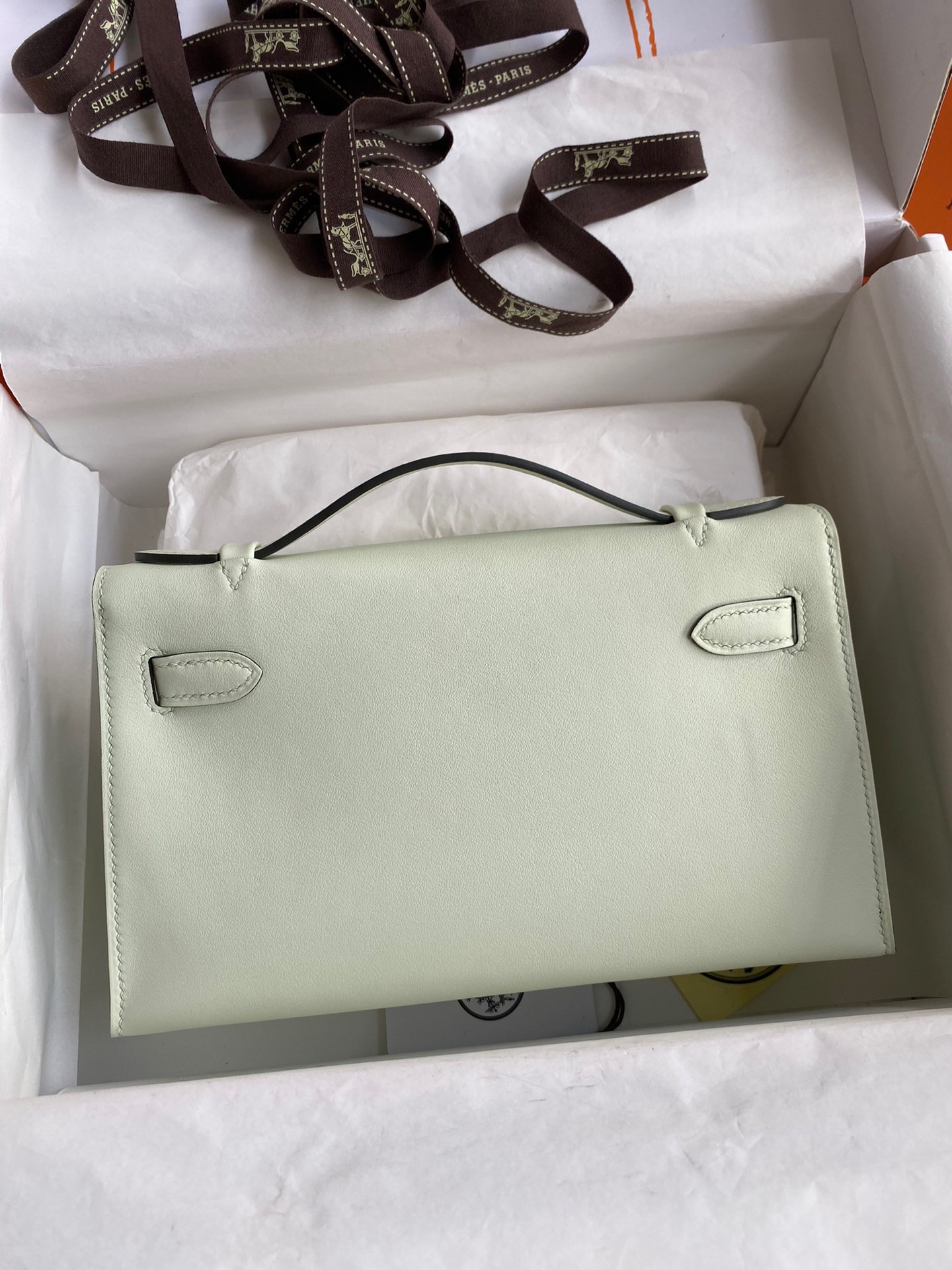 Hermes Kelly Pochette Handmade Bag In Vert Fizz Swift Calfskin