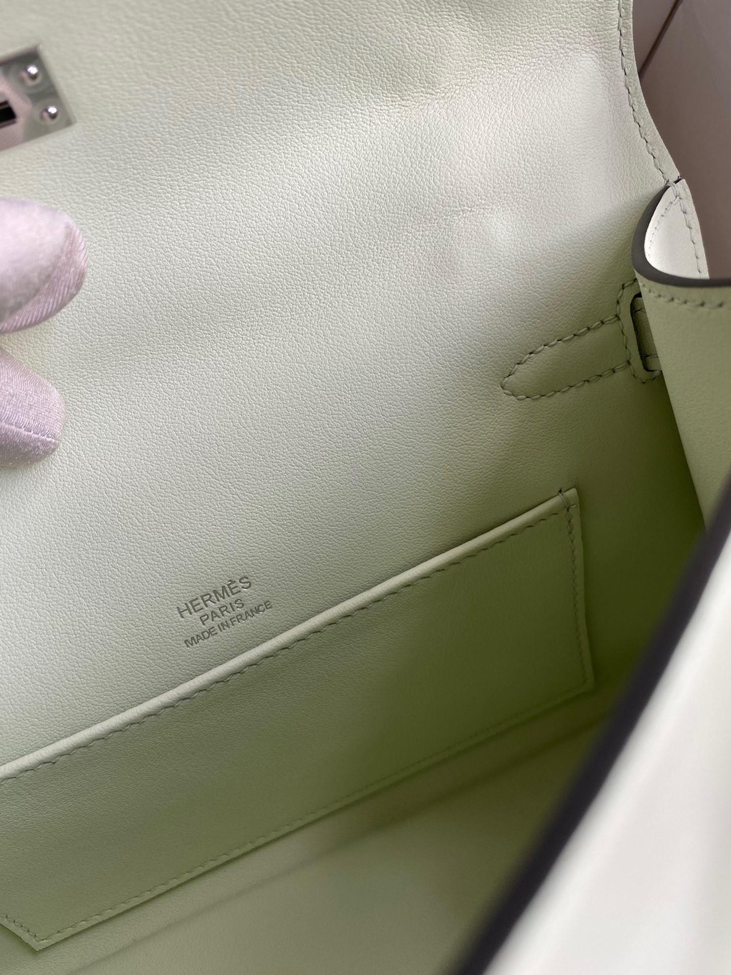 Hermes Kelly Pochette Handmade Bag In Vert Fizz Swift Calfskin