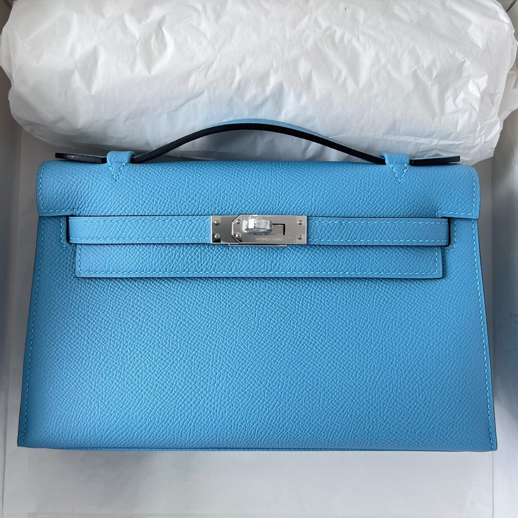 Hermes Kelly Pochette Handmade Bag In Blue du Nord Epsom Calfskin