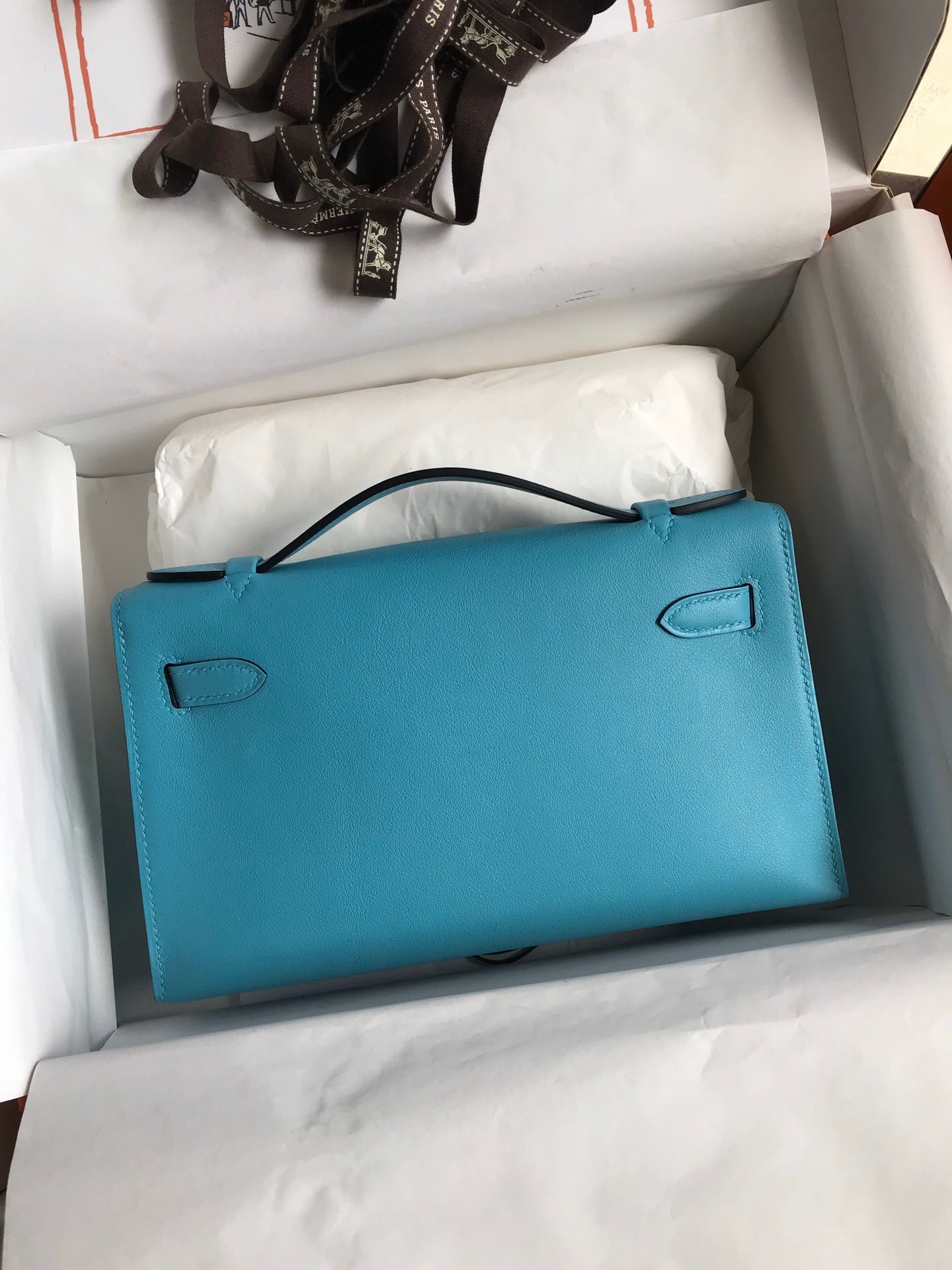 Hermes Kelly Pochette Handmade Bag In Blue du Nord Swift Calfskin