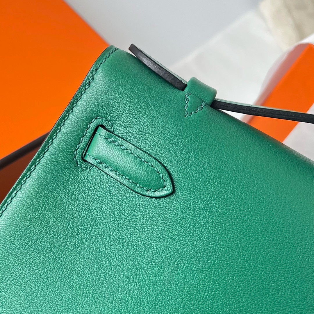 Hermes Kelly Pochette Handmade Bag In Vert Vertigo Swift Calfskin