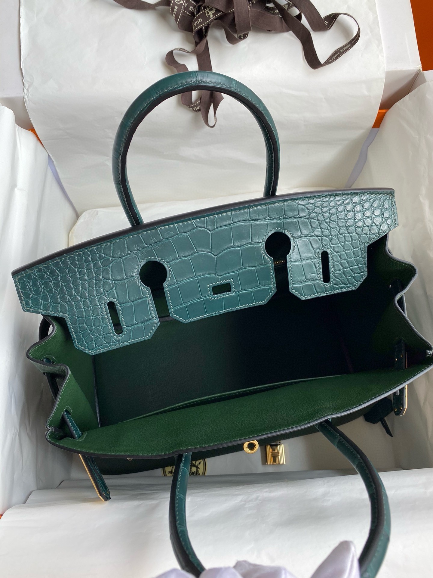 Hermes Touch Birkin 30 Bag in Green Clemence and Matte Alligator Leather