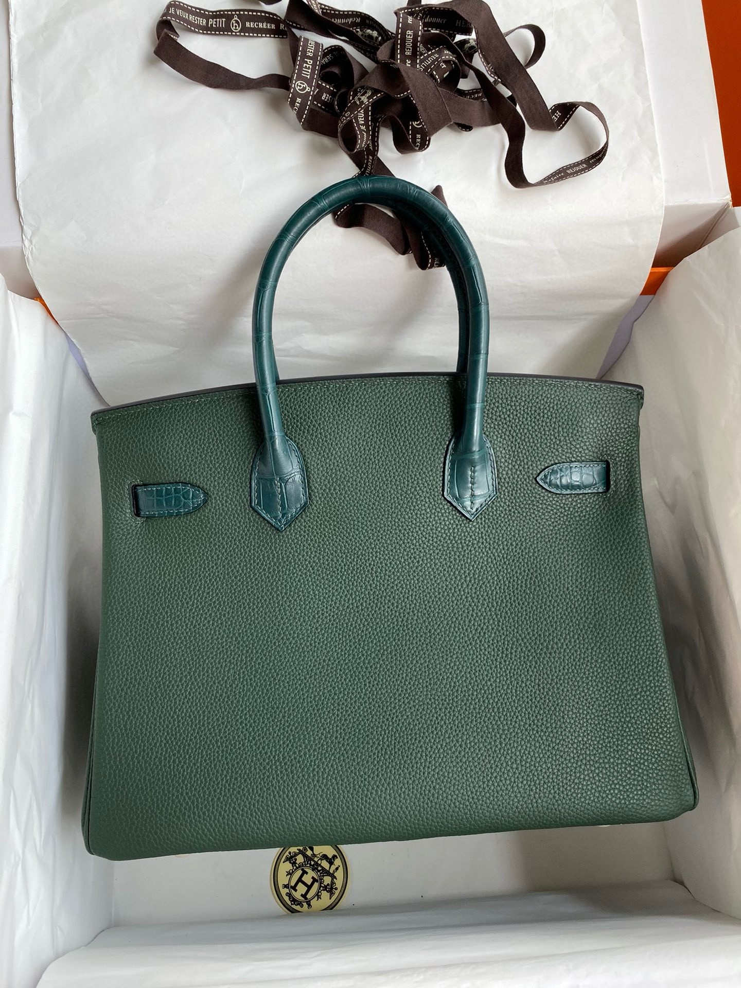 Hermes Touch Birkin 30 Bag in Green Clemence and Matte Alligator Leather