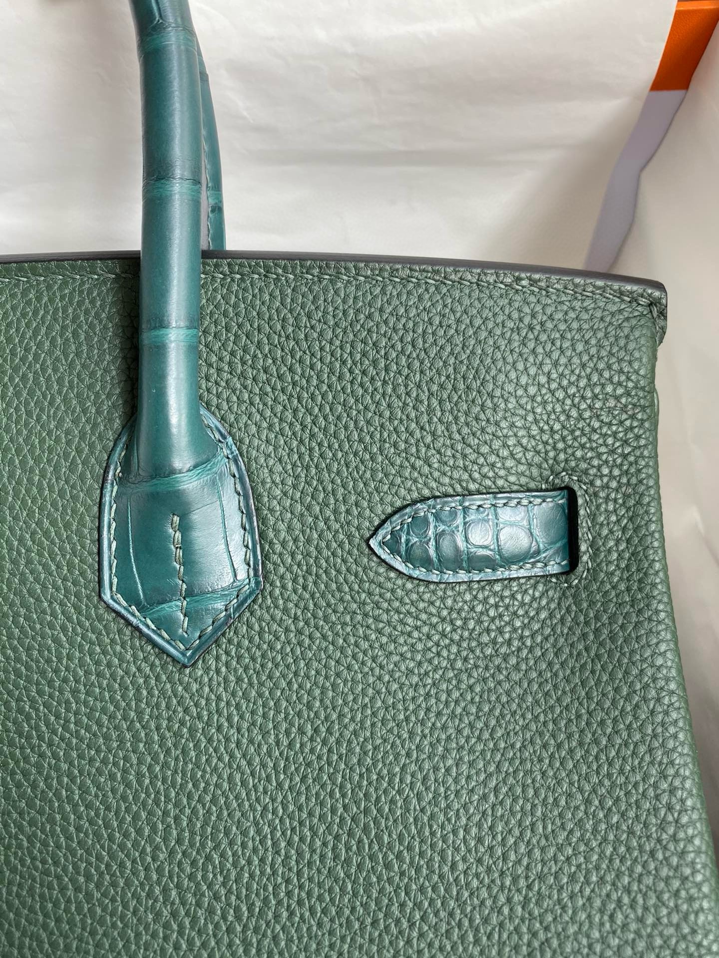 Hermes Touch Birkin 30 Bag in Green Clemence and Matte Alligator Leather