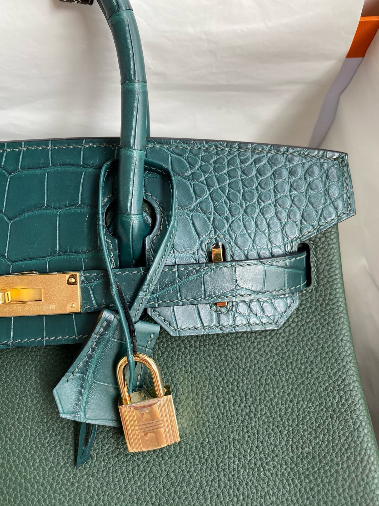 Hermes Touch Birkin 30 Bag in Green Clemence and Matte Alligator Leather