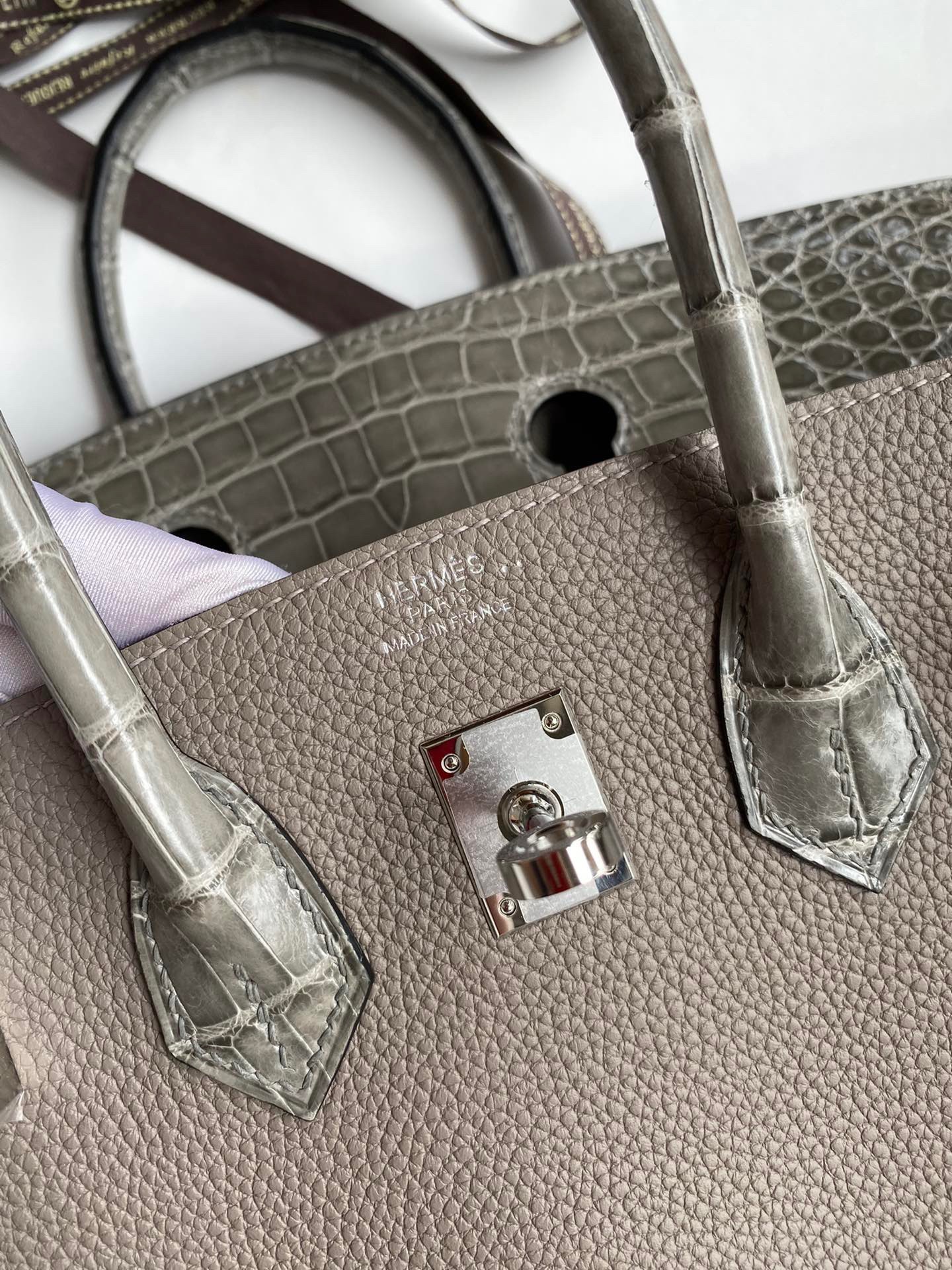 Hermes Touch Birkin 30 Bag In Gris Asphalt Clemence and Shiny Niloticus Crocodile Skin