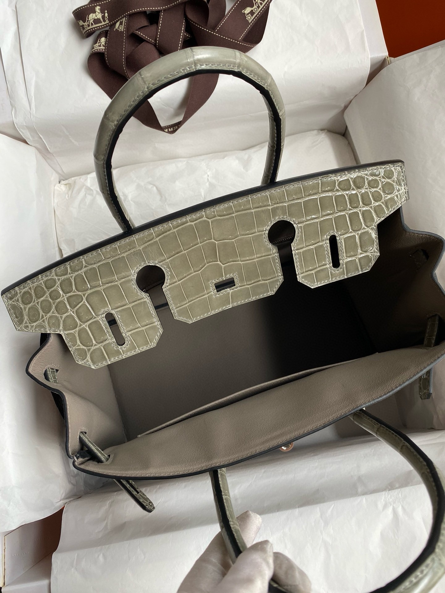 Hermes Touch Birkin 30 Bag In Gris Asphalt Clemence and Shiny Niloticus Crocodile Skin