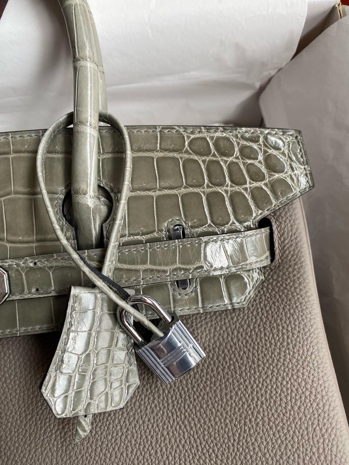 Hermes Touch Birkin 30 Bag In Gris Asphalt Clemence and Shiny Niloticus Crocodile Skin