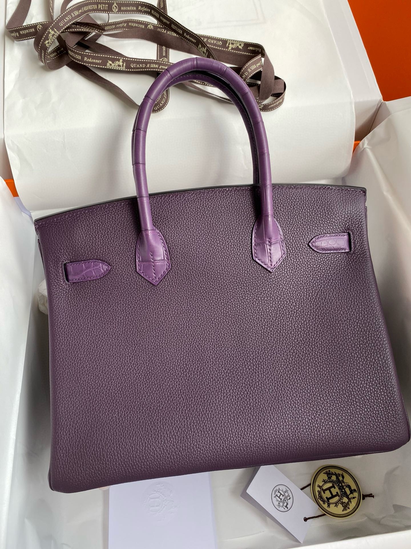 Hermes Touch Birkin 30 Bag in Raisin Clemence and Matte Alligator Leather