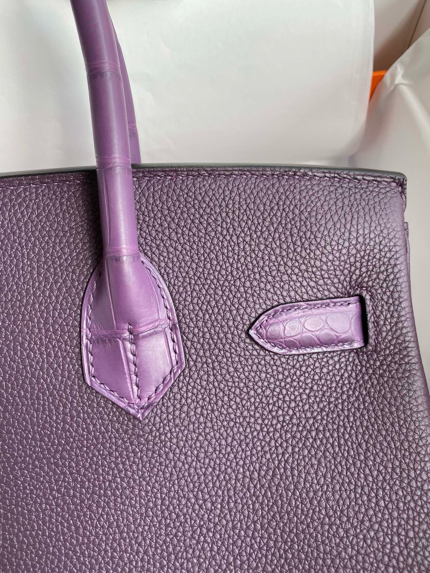 Hermes Touch Birkin 30 Bag in Raisin Clemence and Matte Alligator Leather