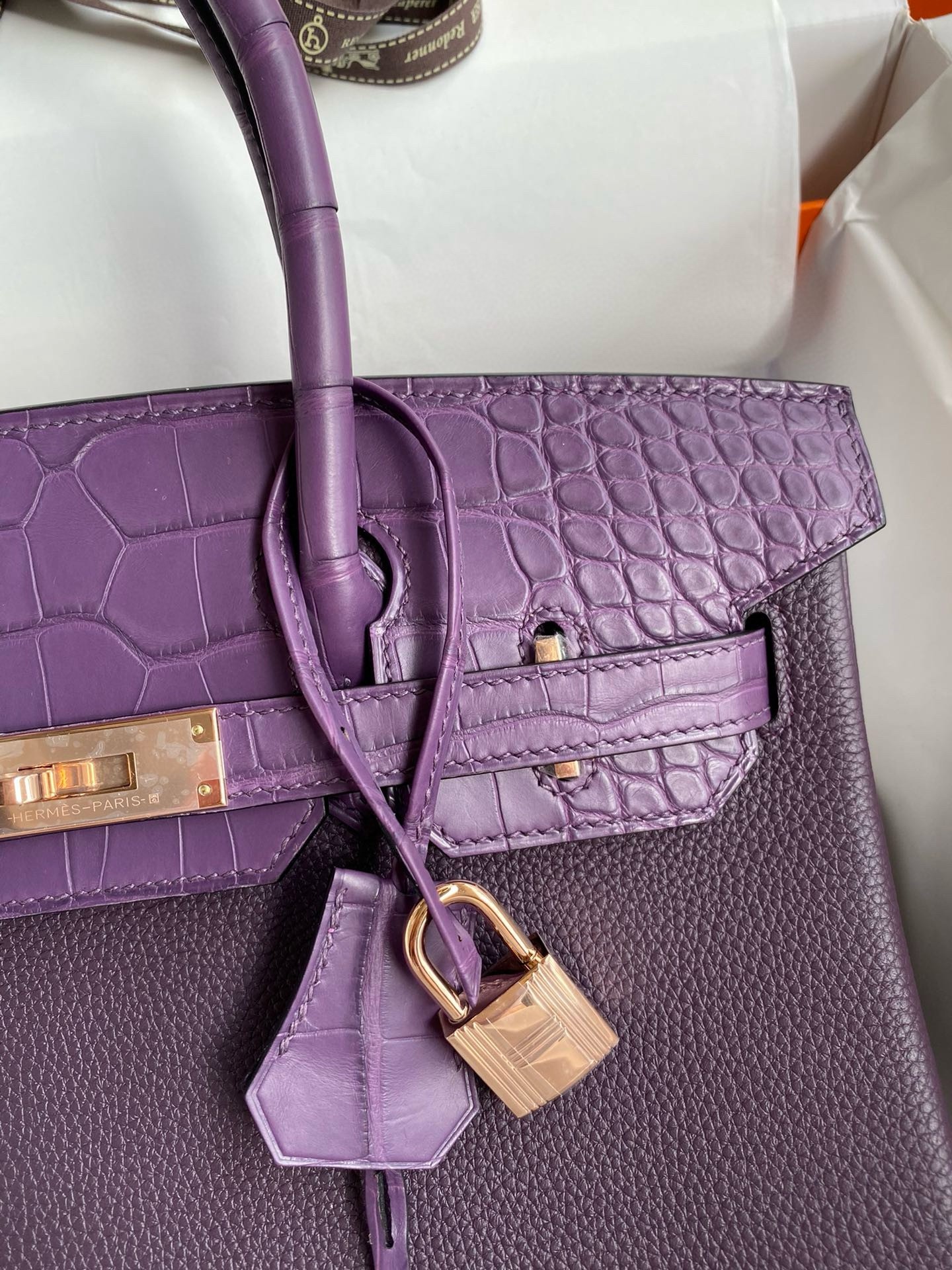 Hermes Touch Birkin 30 Bag in Raisin Clemence and Matte Alligator Leather