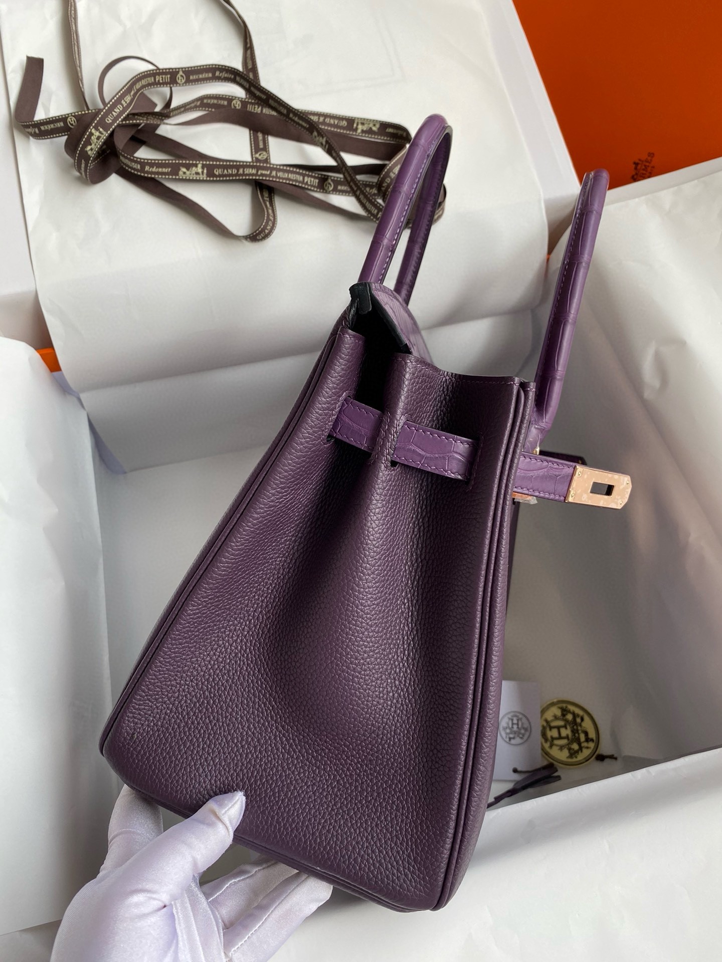 Hermes Touch Birkin 30 Bag in Raisin Clemence and Matte Alligator Leather