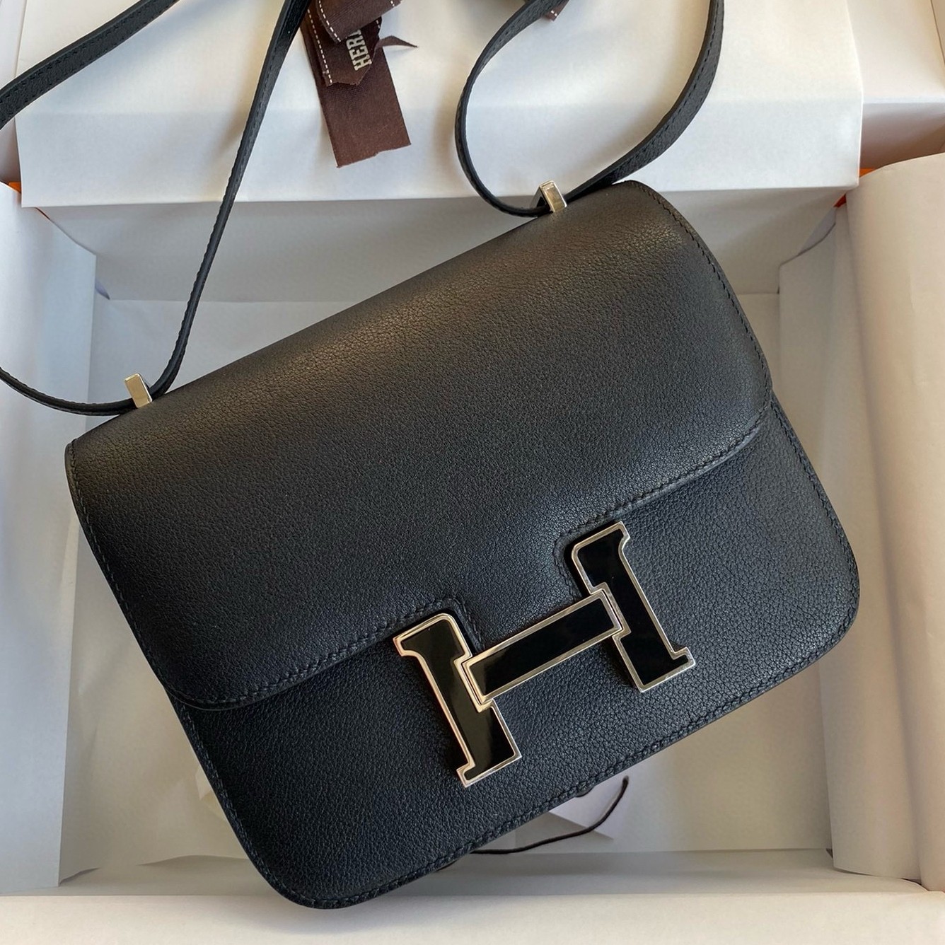 Hermes Constance Enamel 18 Handmade Bag In Black Swift Calfskin