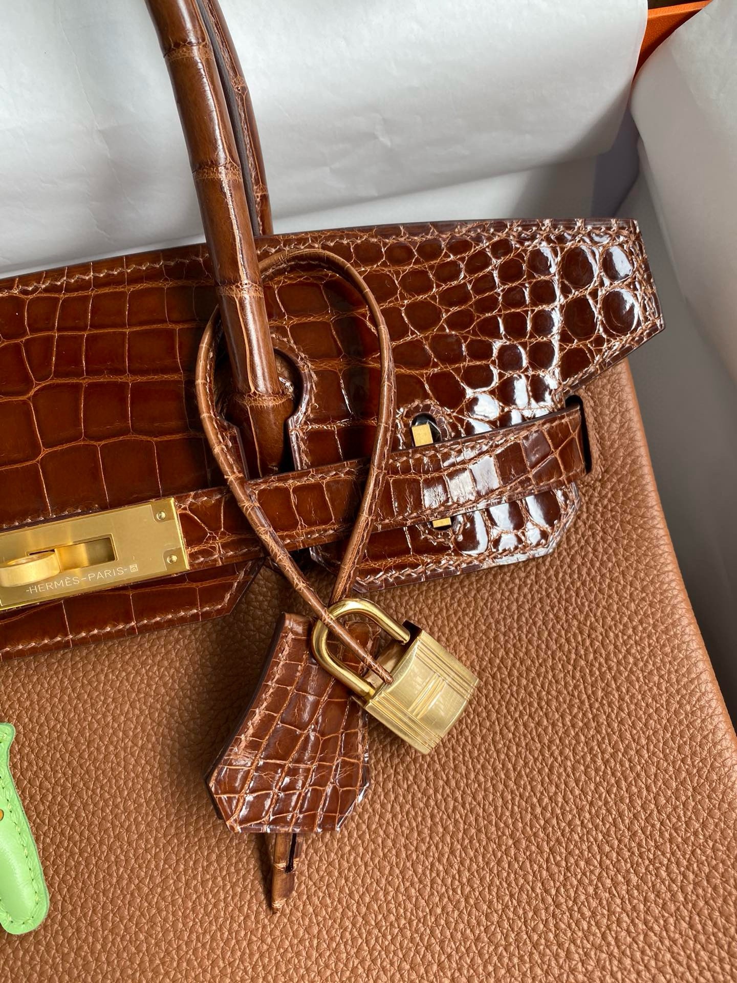 Hermes Touch Birkin 30 Bag In Gold Clemence and Shiny Niloticus Crocodile Skin