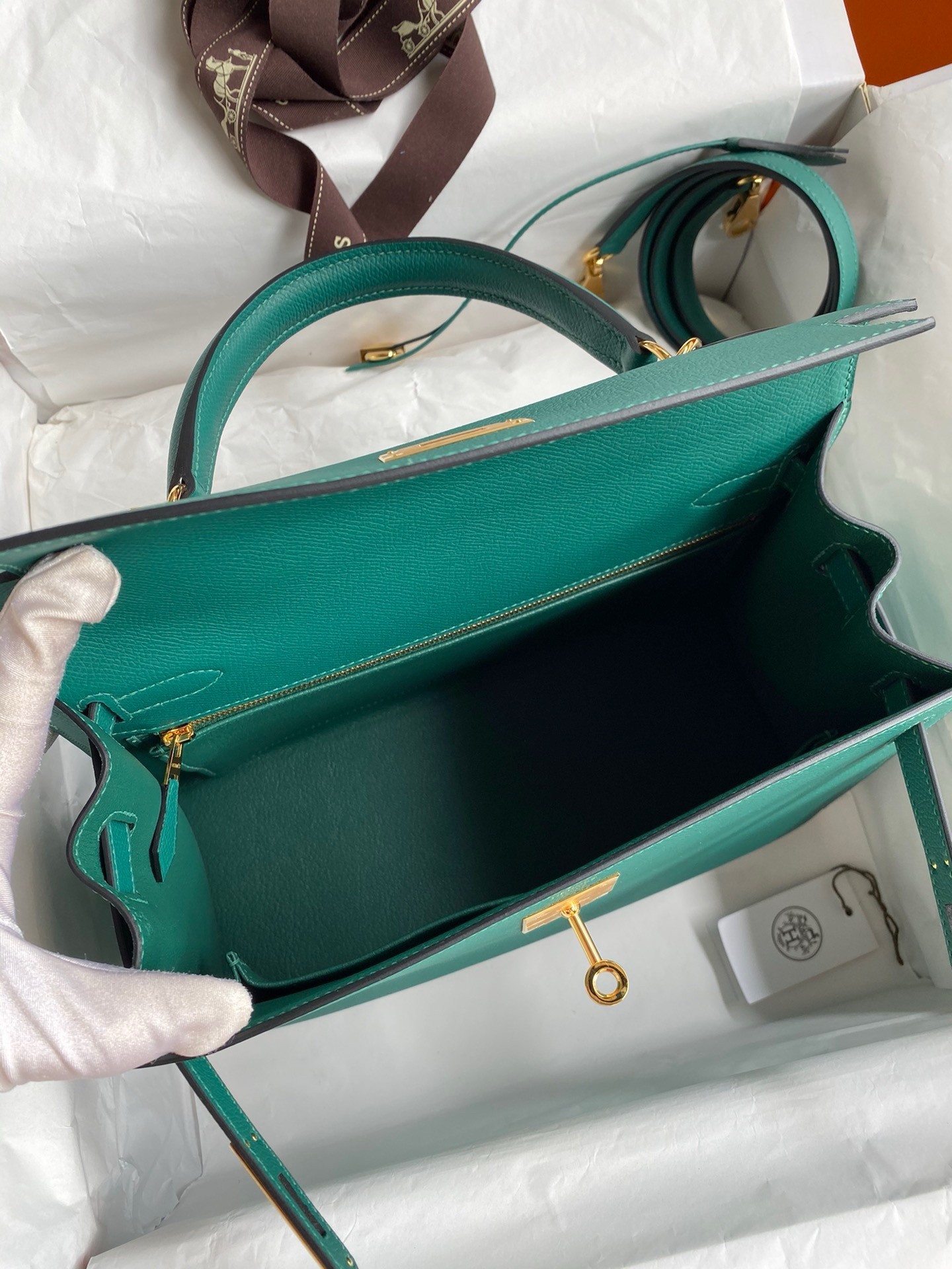 Hermes Kelly Sellier 32 Handmade Bag in Malachite Epsom Calfskin