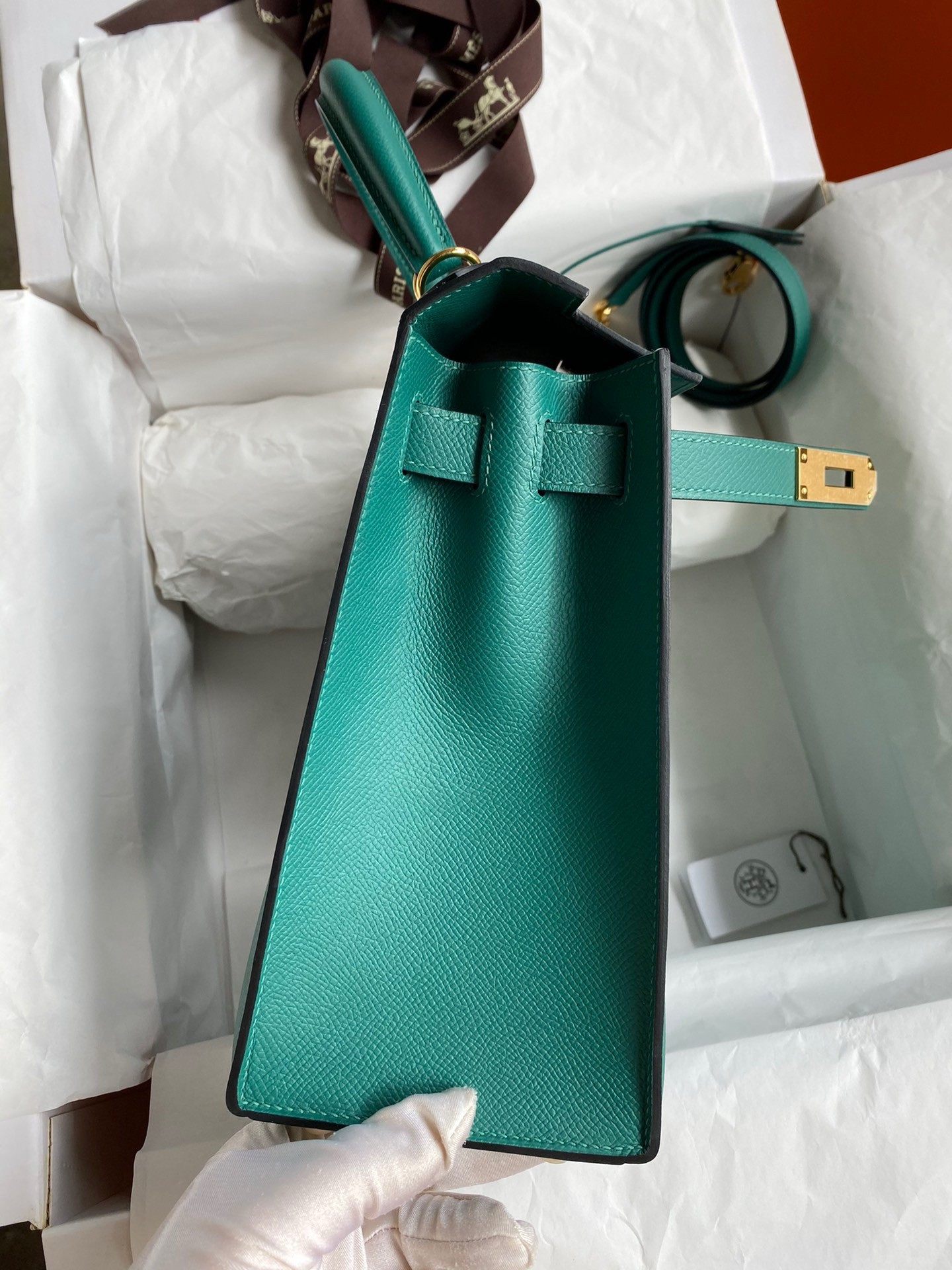 Hermes Kelly Sellier 32 Handmade Bag in Malachite Epsom Calfskin