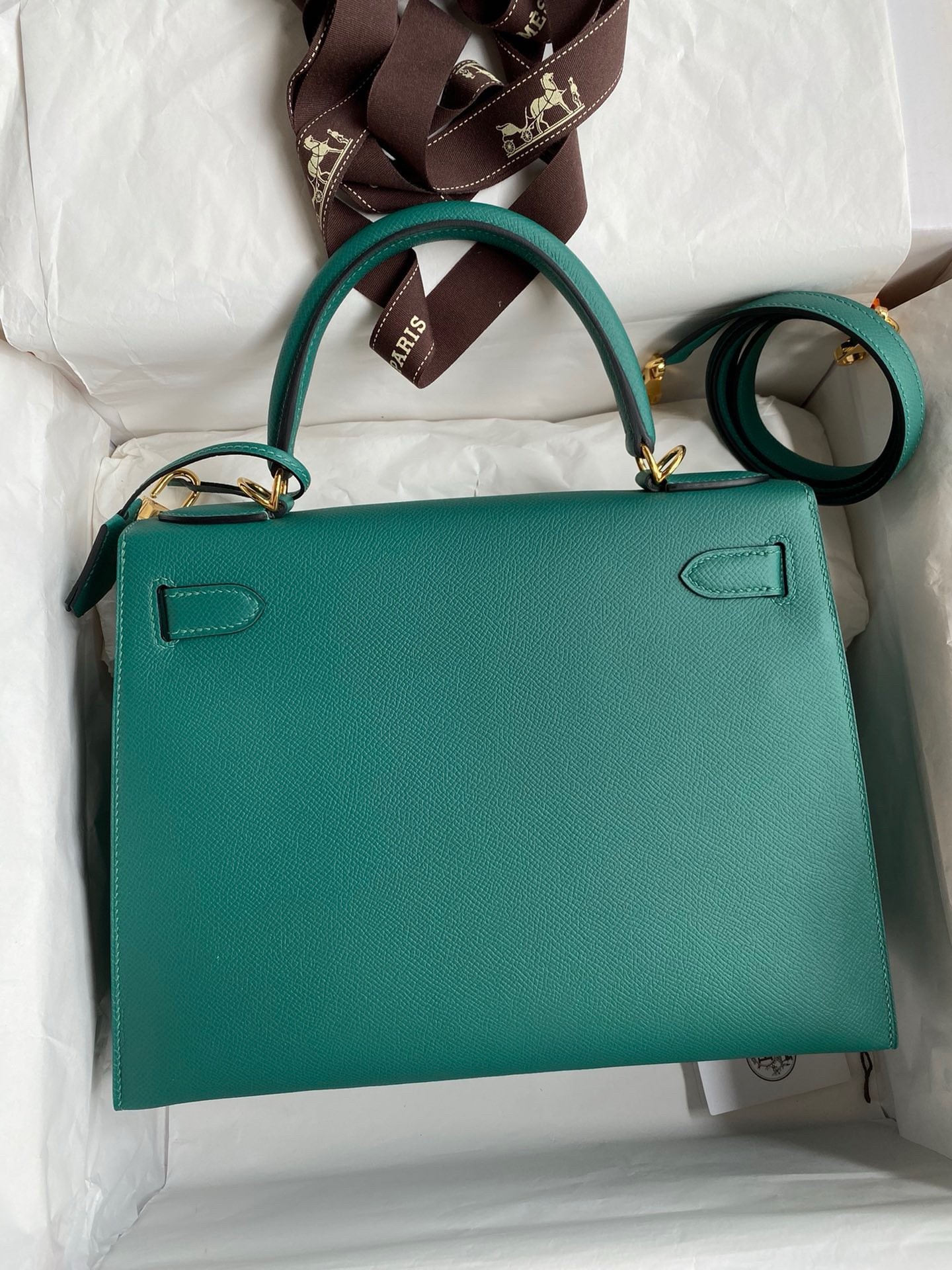 Hermes Kelly Sellier 32 Handmade Bag in Malachite Epsom Calfskin