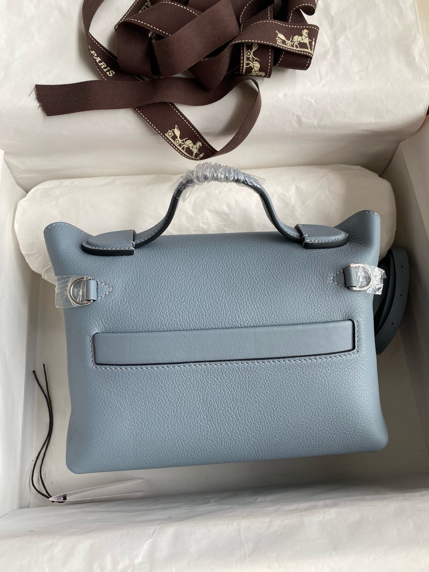 Hermes 24/24 Mini 21 Handmade Bag in Blue Lin Evercolor Leather