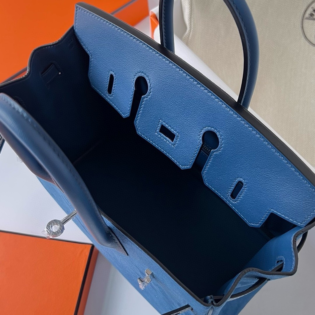 Hermes Birkin 25 Grizzly Bag in Blue Veau Doblis and Swift Leather