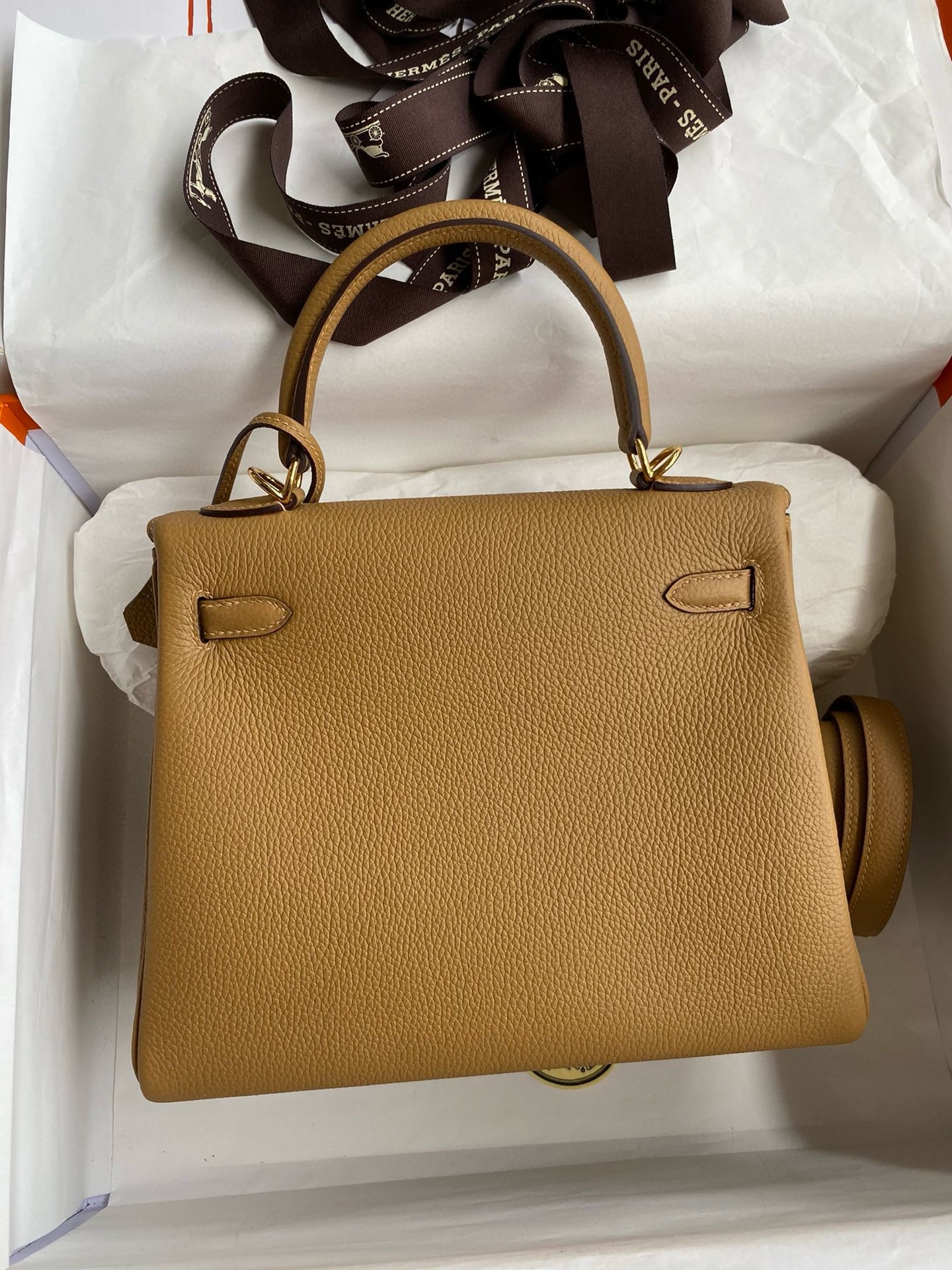 Hermes Kelly Retourne 25 Handmade Bag In Biscuit Clemence Leather