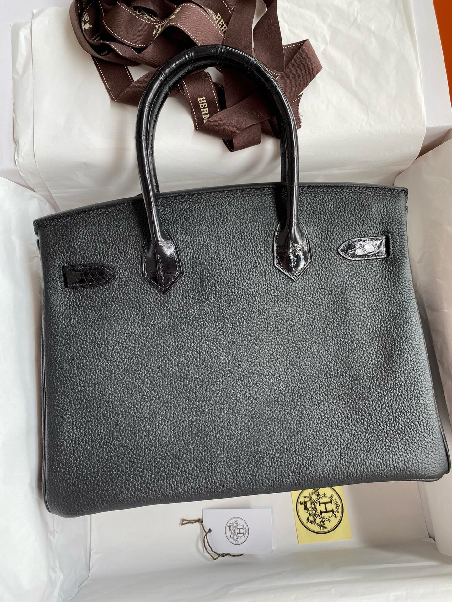 Hermes Touch Birkin 30 Bag In Black Clemence and Shiny Niloticus Crocodile Skin