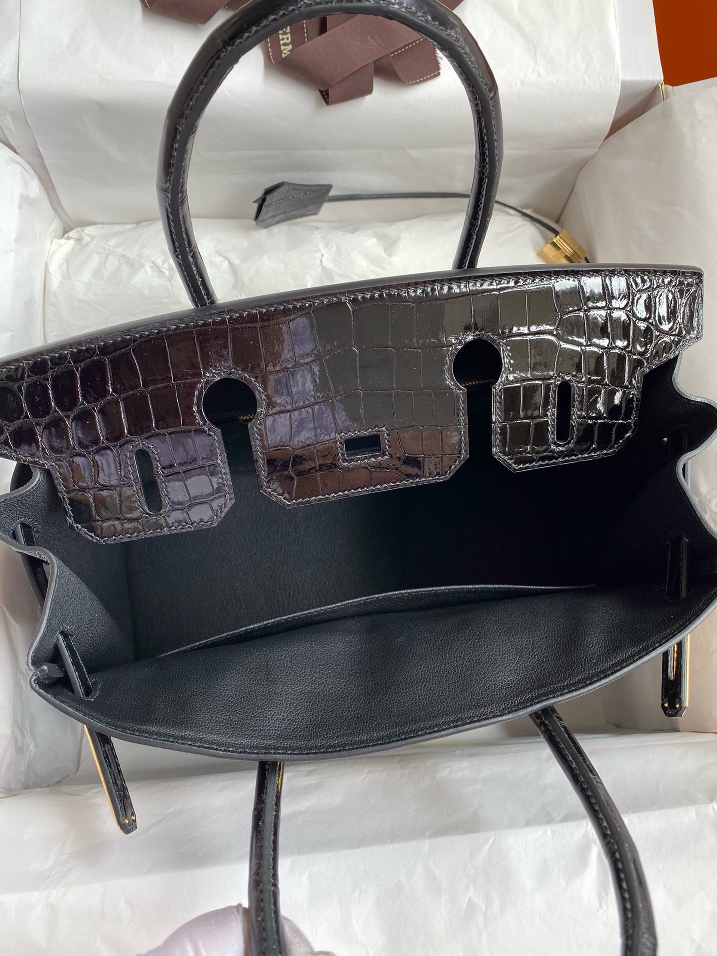 Hermes Touch Birkin 30 Bag In Black Clemence and Shiny Niloticus Crocodile Skin