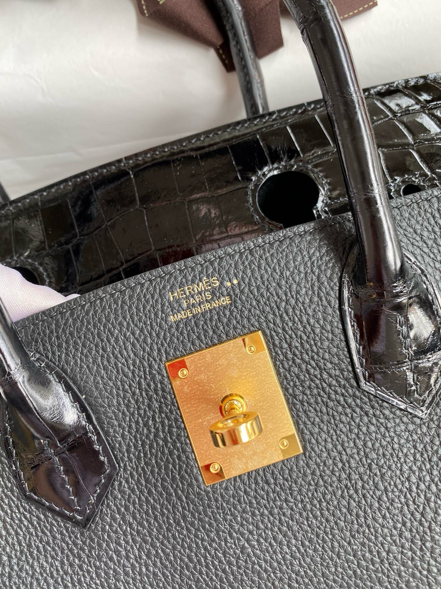 Hermes Touch Birkin 30 Bag In Black Clemence and Shiny Niloticus Crocodile Skin