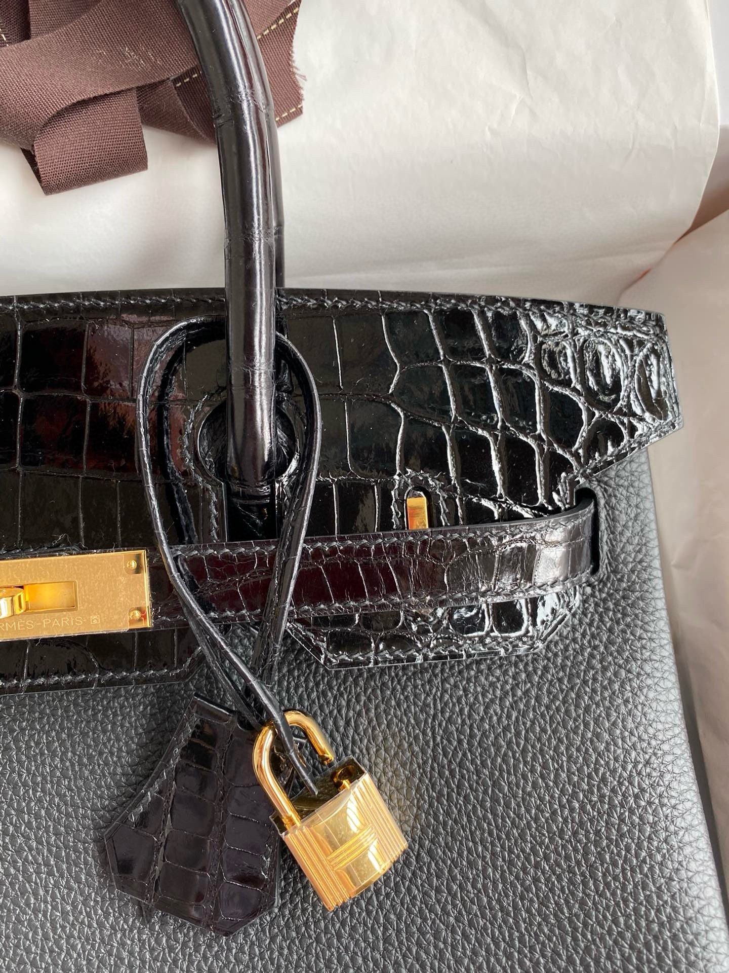 Hermes Touch Birkin 30 Bag In Black Clemence and Shiny Niloticus Crocodile Skin