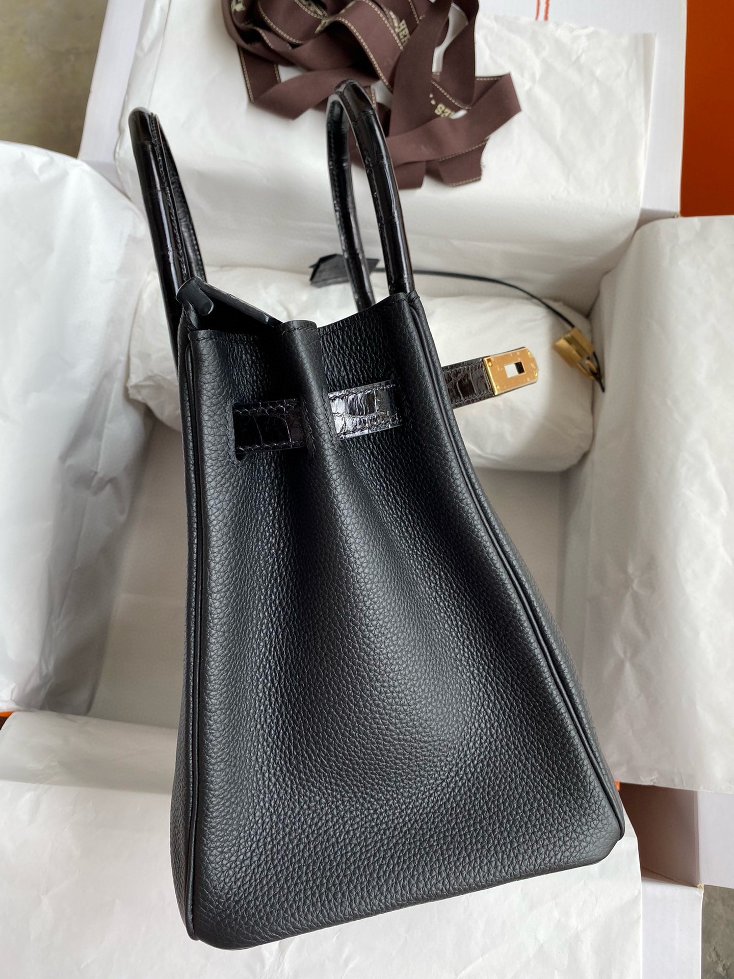 Hermes Touch Birkin 30 Bag In Black Clemence and Shiny Niloticus Crocodile Skin