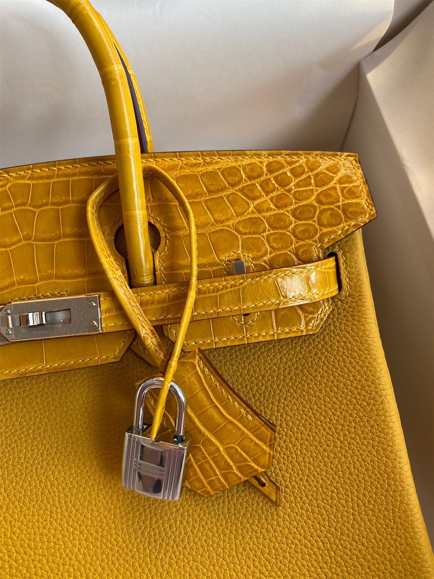 Hermes Touch Birkin 30 Bag In Yellow Clemence and Shiny Niloticus Crocodile Skin