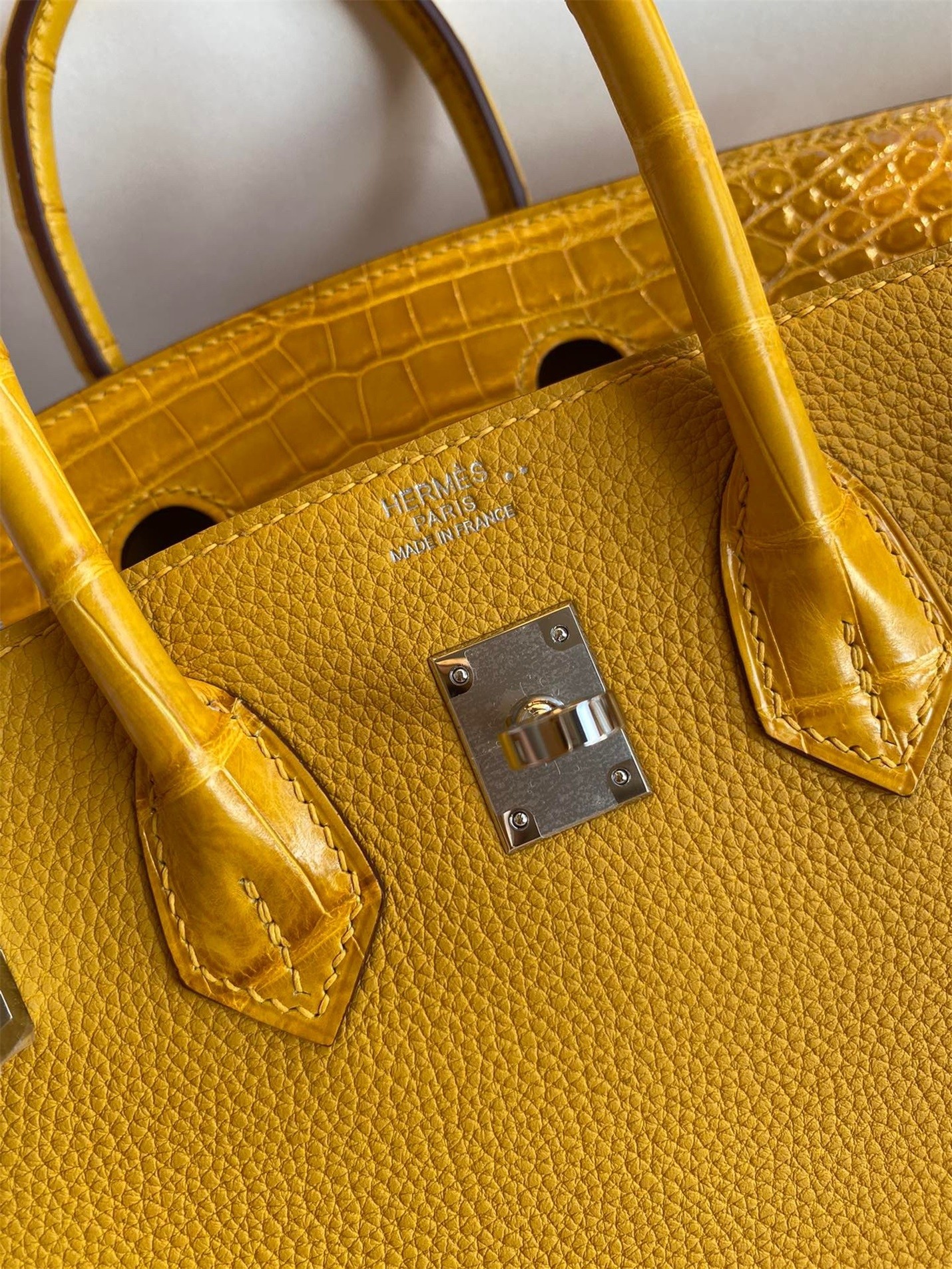 Hermes Touch Birkin 30 Bag In Yellow Clemence and Shiny Niloticus Crocodile Skin