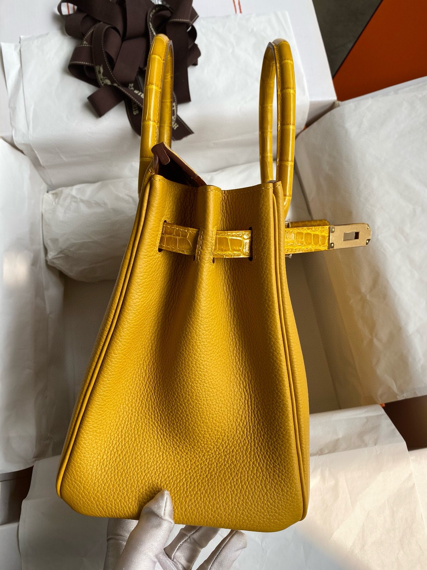 Hermes Touch Birkin 30 Bag In Yellow Clemence and Shiny Niloticus Crocodile Skin