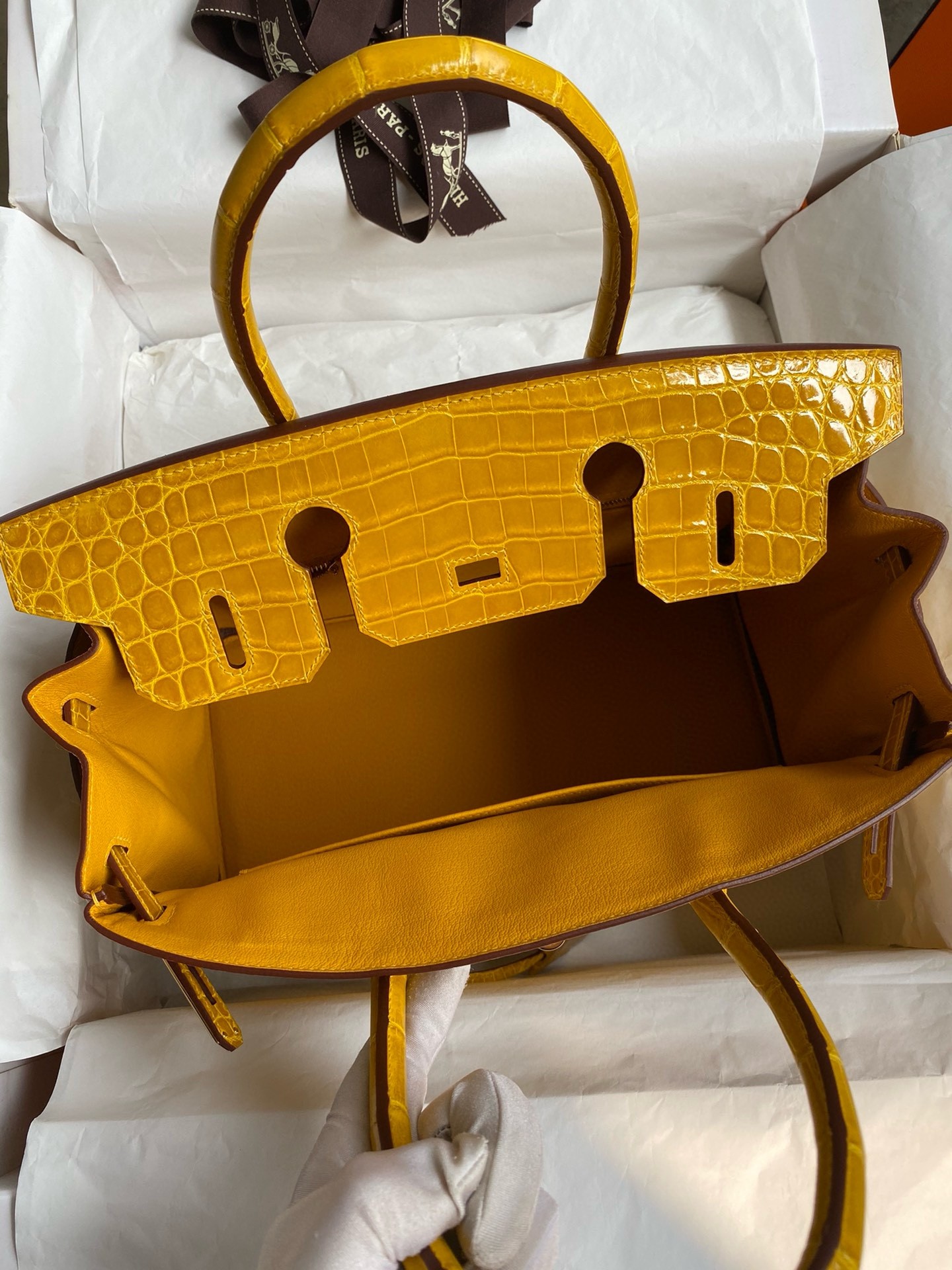 Hermes Touch Birkin 30 Bag In Yellow Clemence and Shiny Niloticus Crocodile Skin