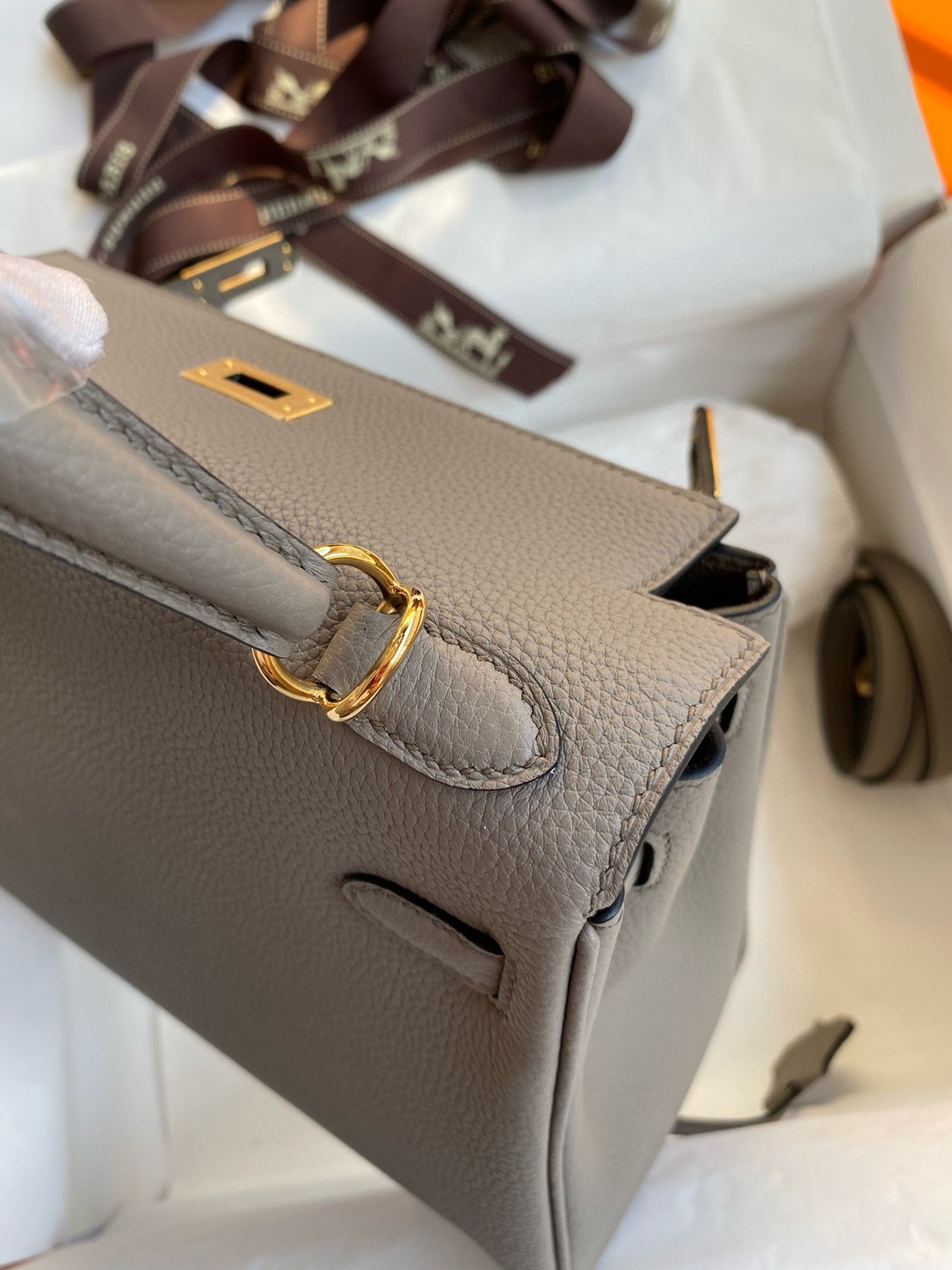 Hermes Kelly Retourne 25 Handmade Bag In Gris Meyer Clemence Leather