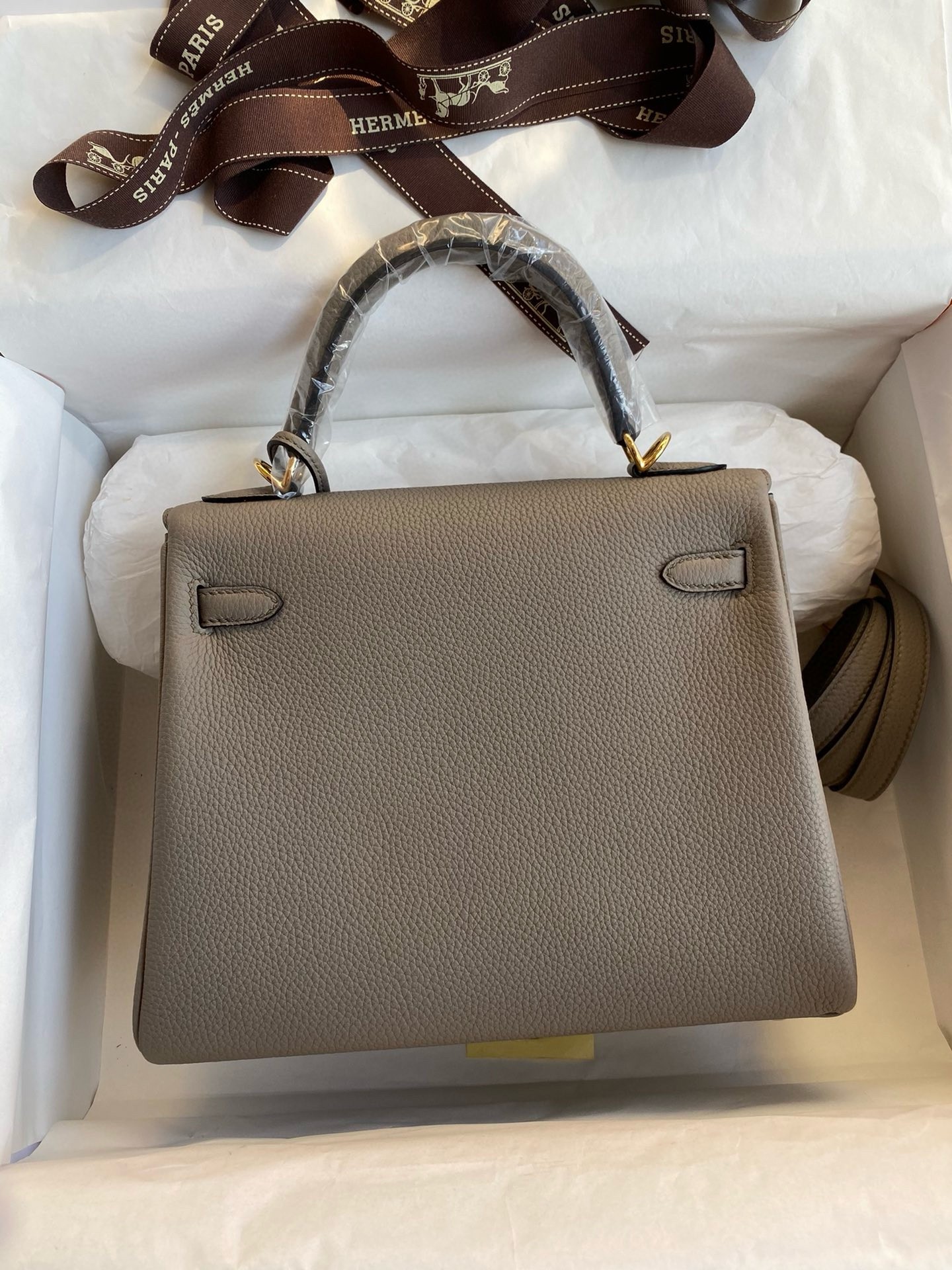 Hermes Kelly Retourne 25 Handmade Bag In Gris Meyer Clemence Leather