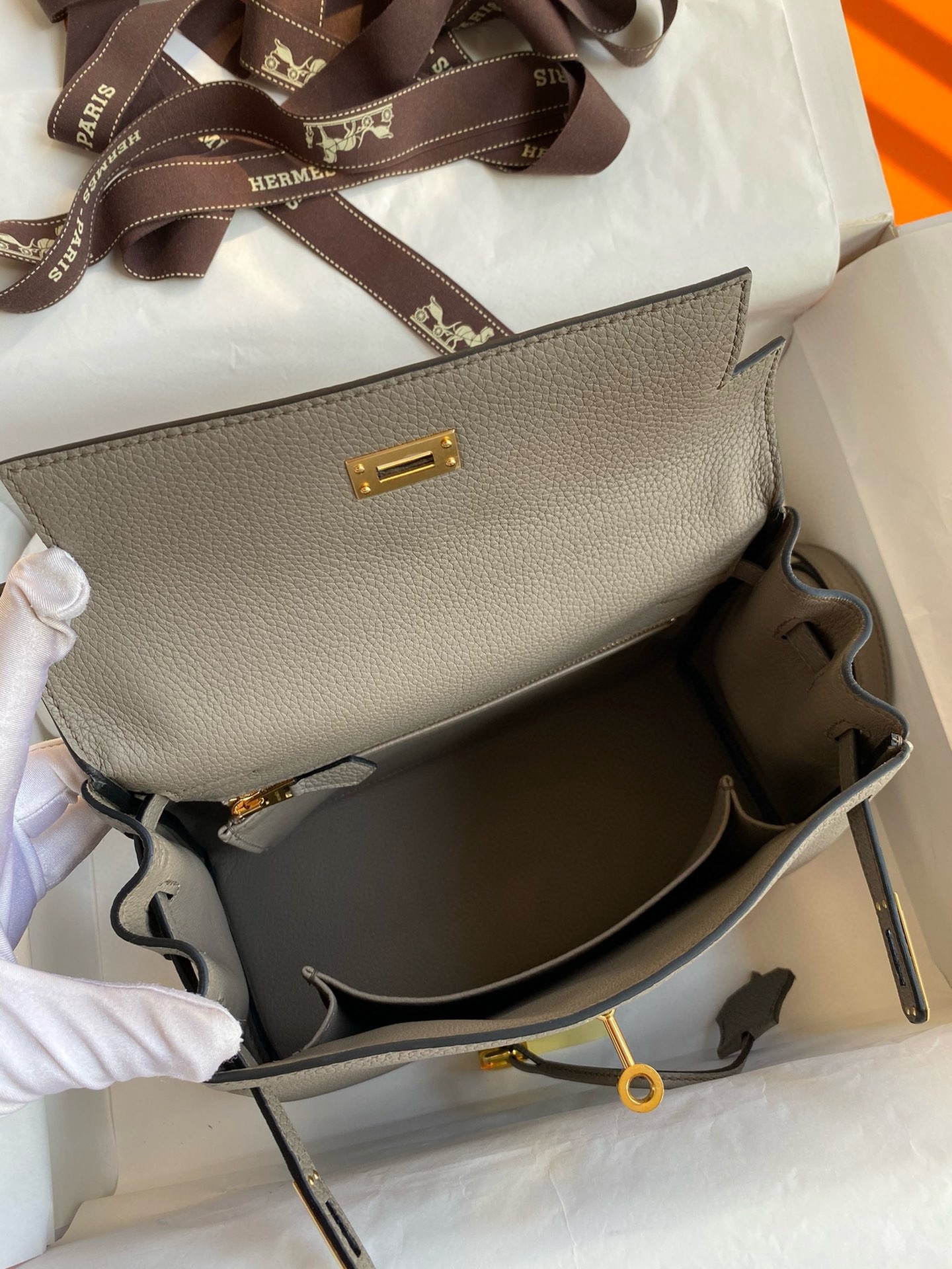 Hermes Kelly Retourne 25 Handmade Bag In Gris Meyer Clemence Leather