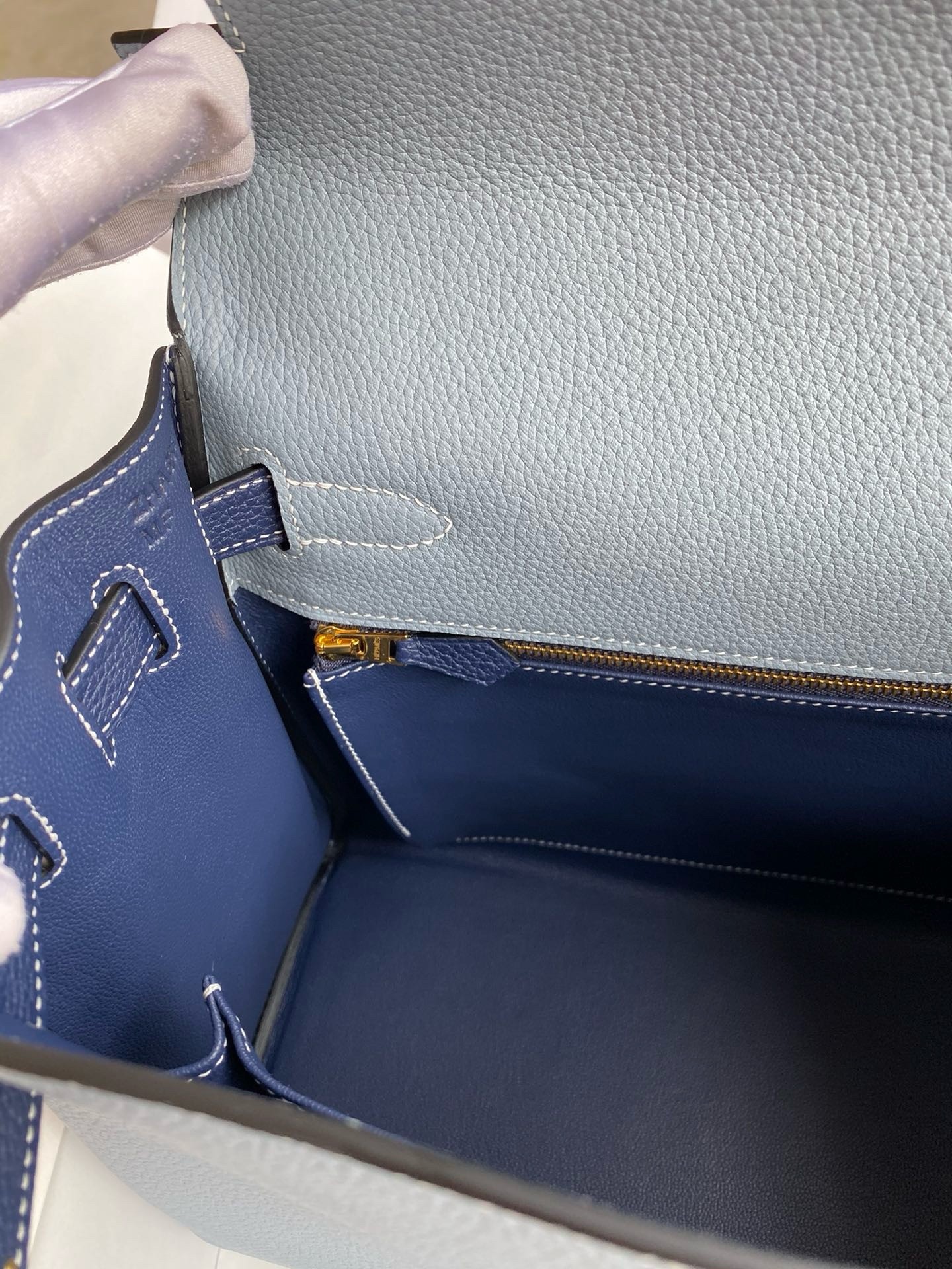 Hermes HSS Kelly 32 Bicolor Bag in Blue Lin and Blue Clemence Leather