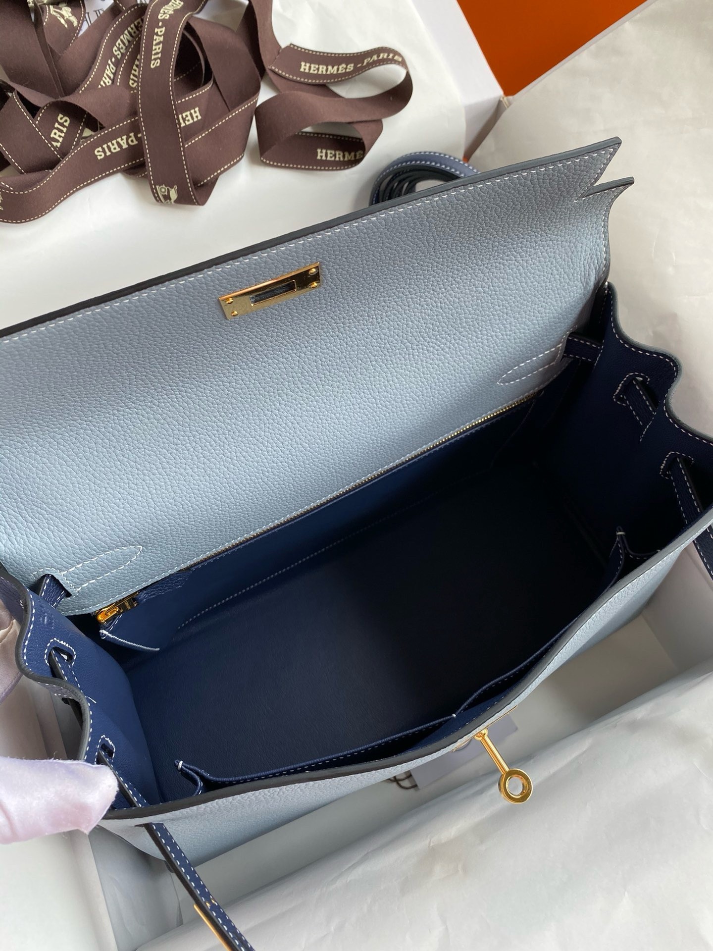 Hermes HSS Kelly 32 Bicolor Bag in Blue Lin and Blue Clemence Leather