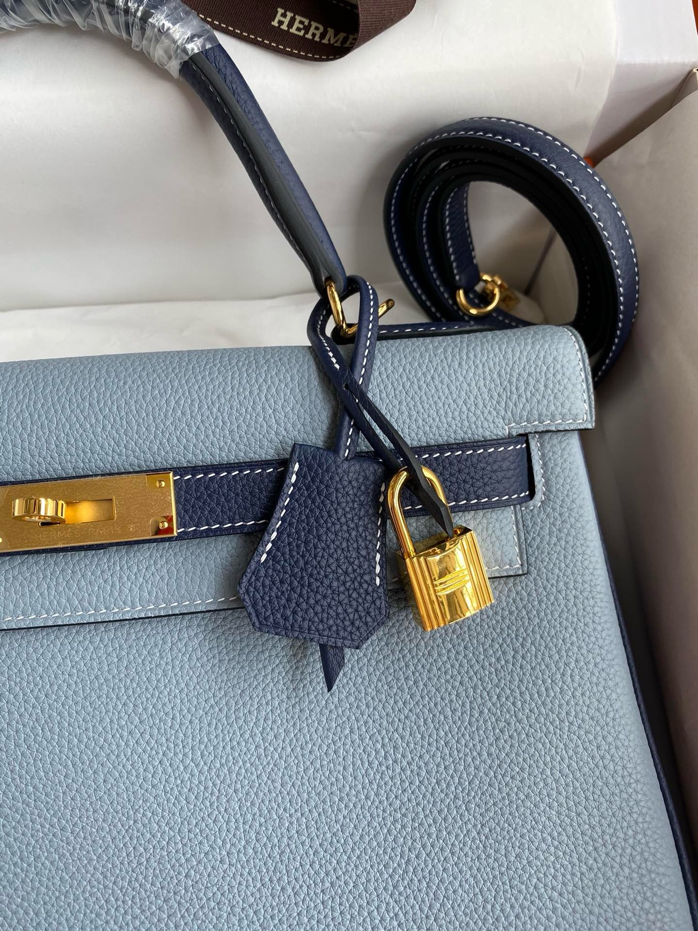 Hermes HSS Kelly 32 Bicolor Bag in Blue Lin and Blue Clemence Leather