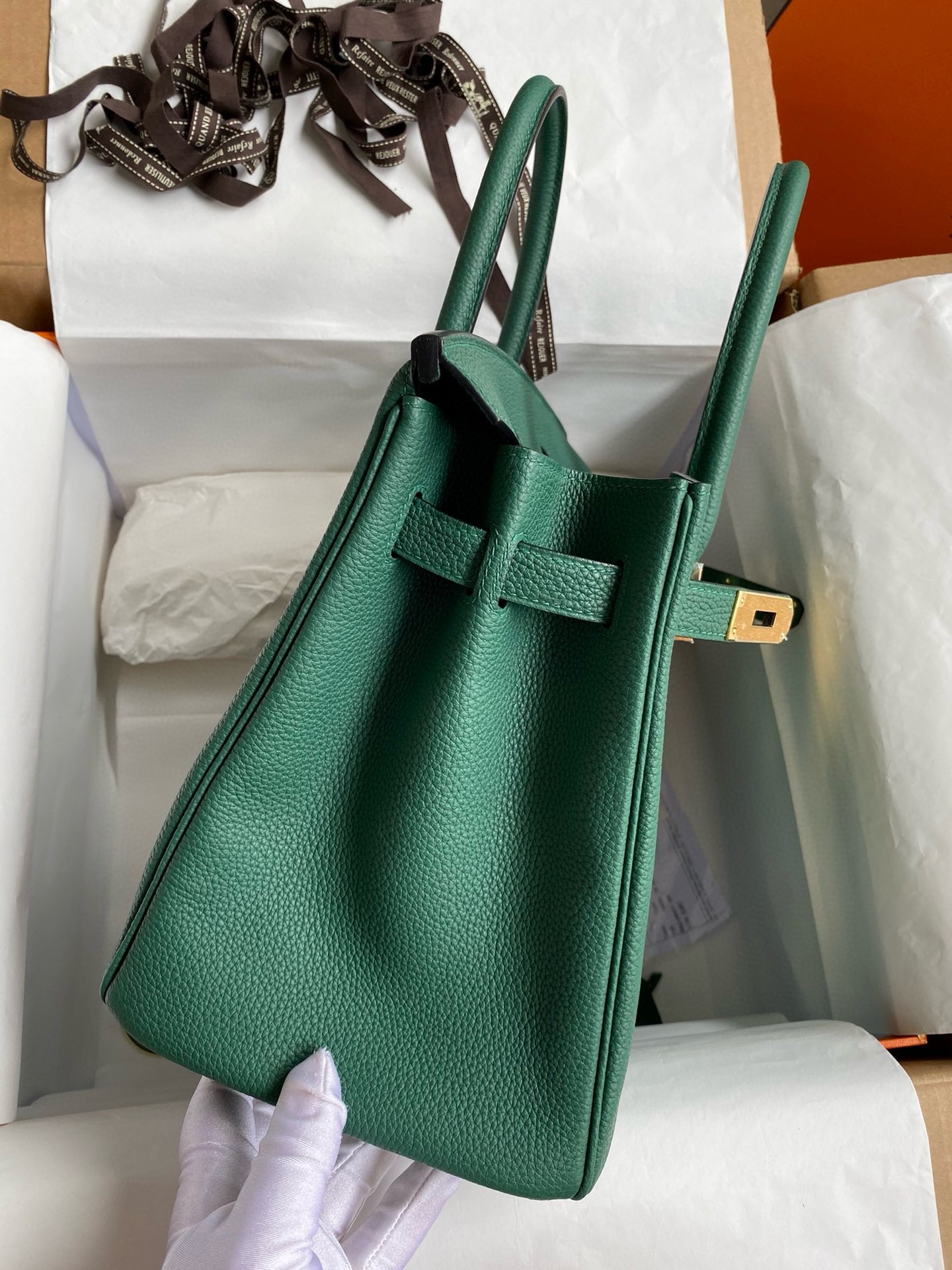 Hermes Birkin 35 Retourne Handmade Bag in Malachite Clemence Leather