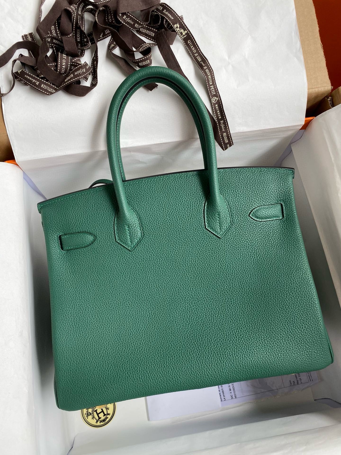 Hermes Birkin 35 Retourne Handmade Bag in Malachite Clemence Leather