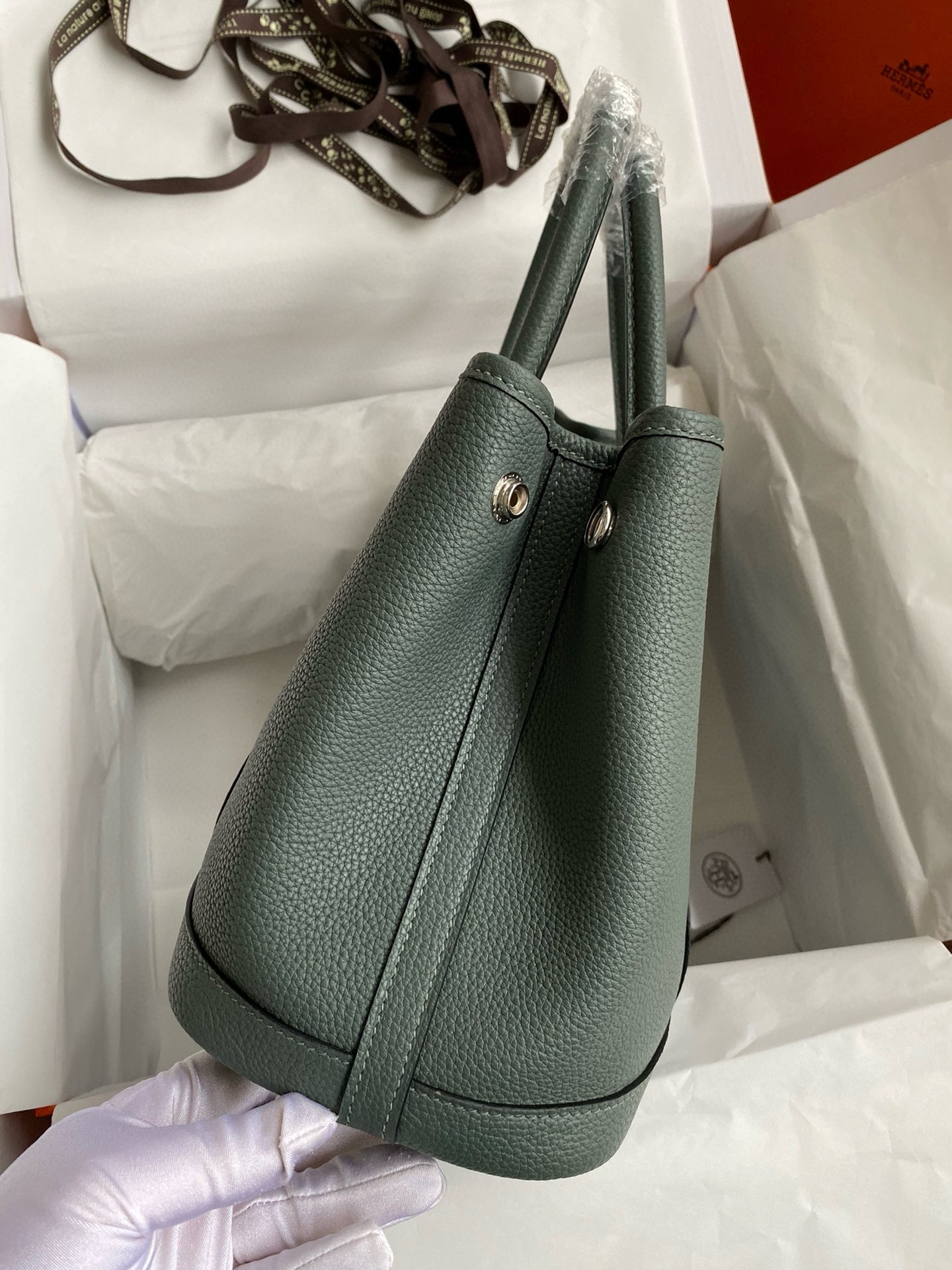 Hermes Garden Party 30 Handmade Bag in Vert Amande Clemence Leather