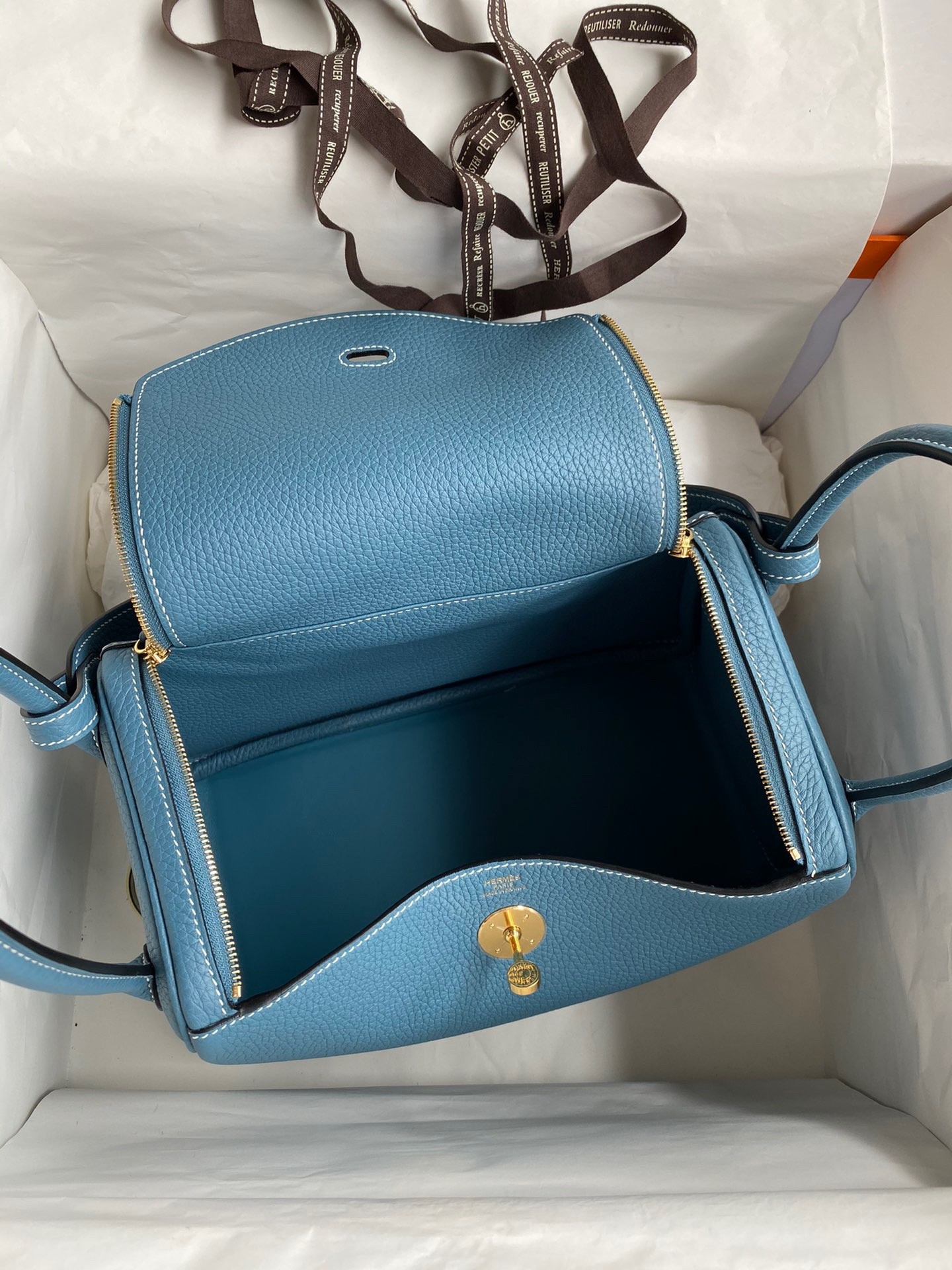 Hermes Lindy 26 Handmade Bag In Blue Jean Clemence Leather