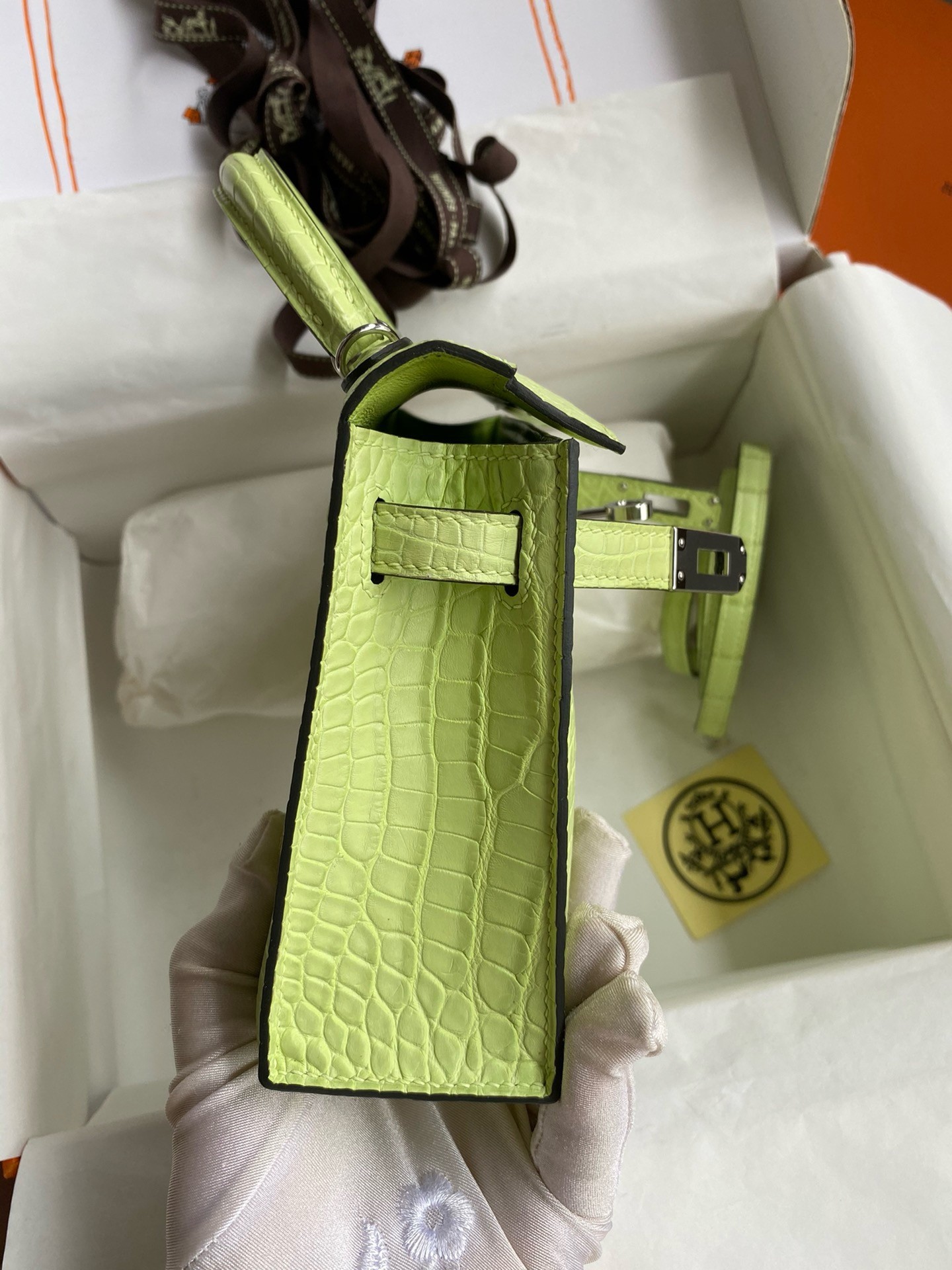 Hermes Kelly Mini II Sellier Handmade Bag In Jaune Bourgeon Matte Alligator Leather