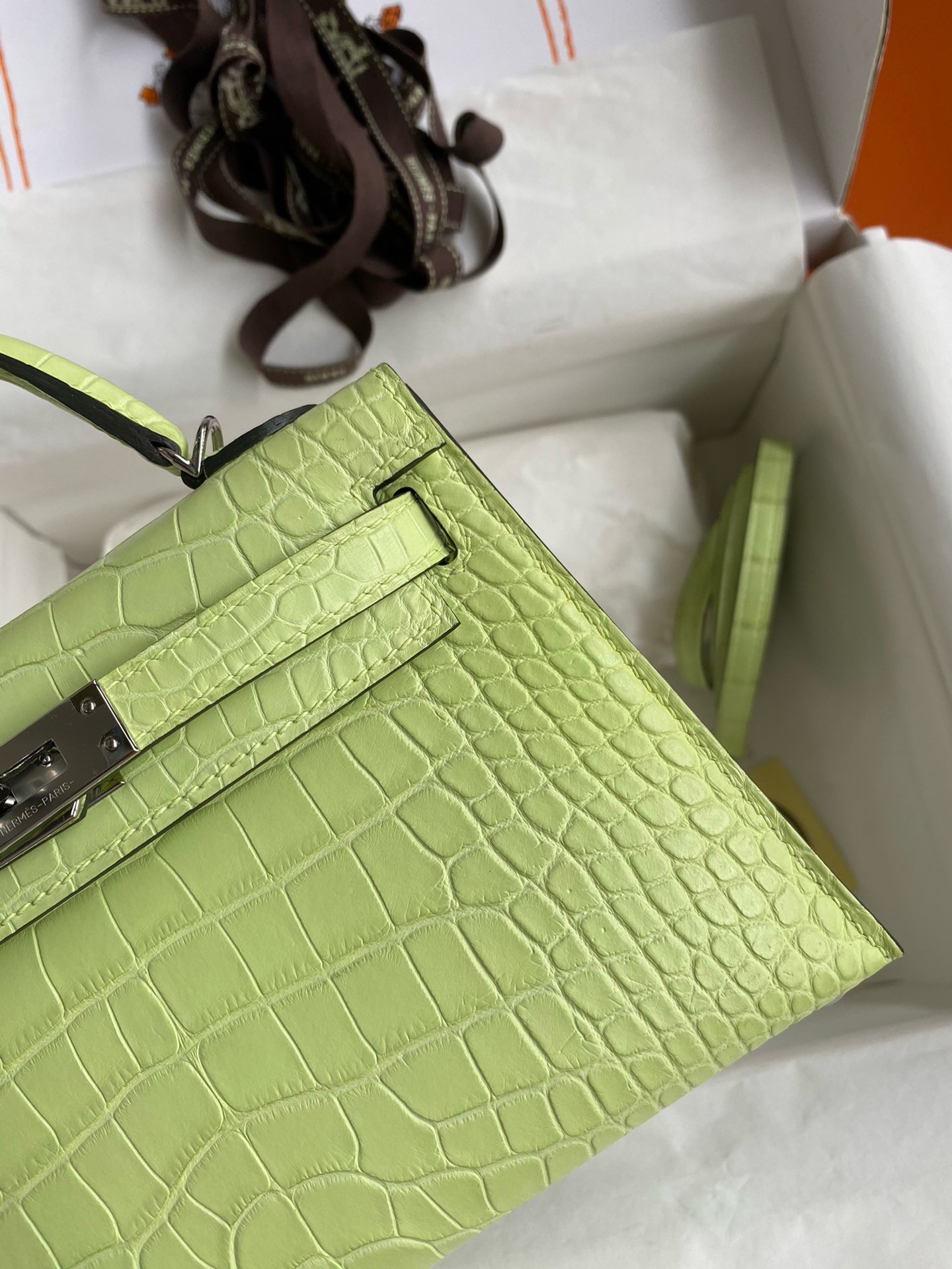 Hermes Kelly Mini II Sellier Handmade Bag In Jaune Bourgeon Matte Alligator Leather