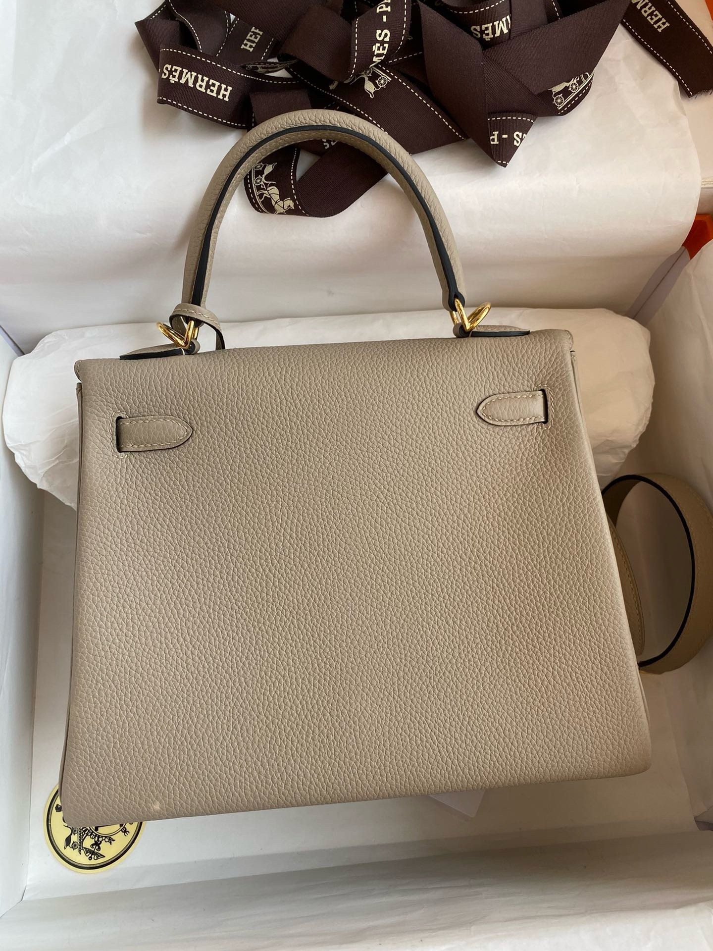 Hermes Kelly Retourne 25 Handmade Bag In Gris Tourterelle Clemence Leather