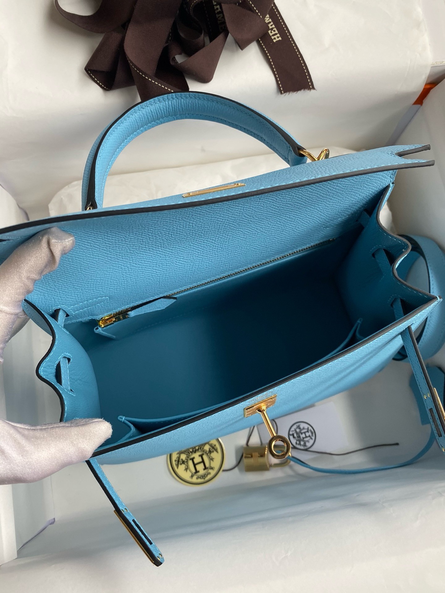 Hermes Kelly Sellier 25 Handmade Bag In Blue Candy Epsom Calfskin